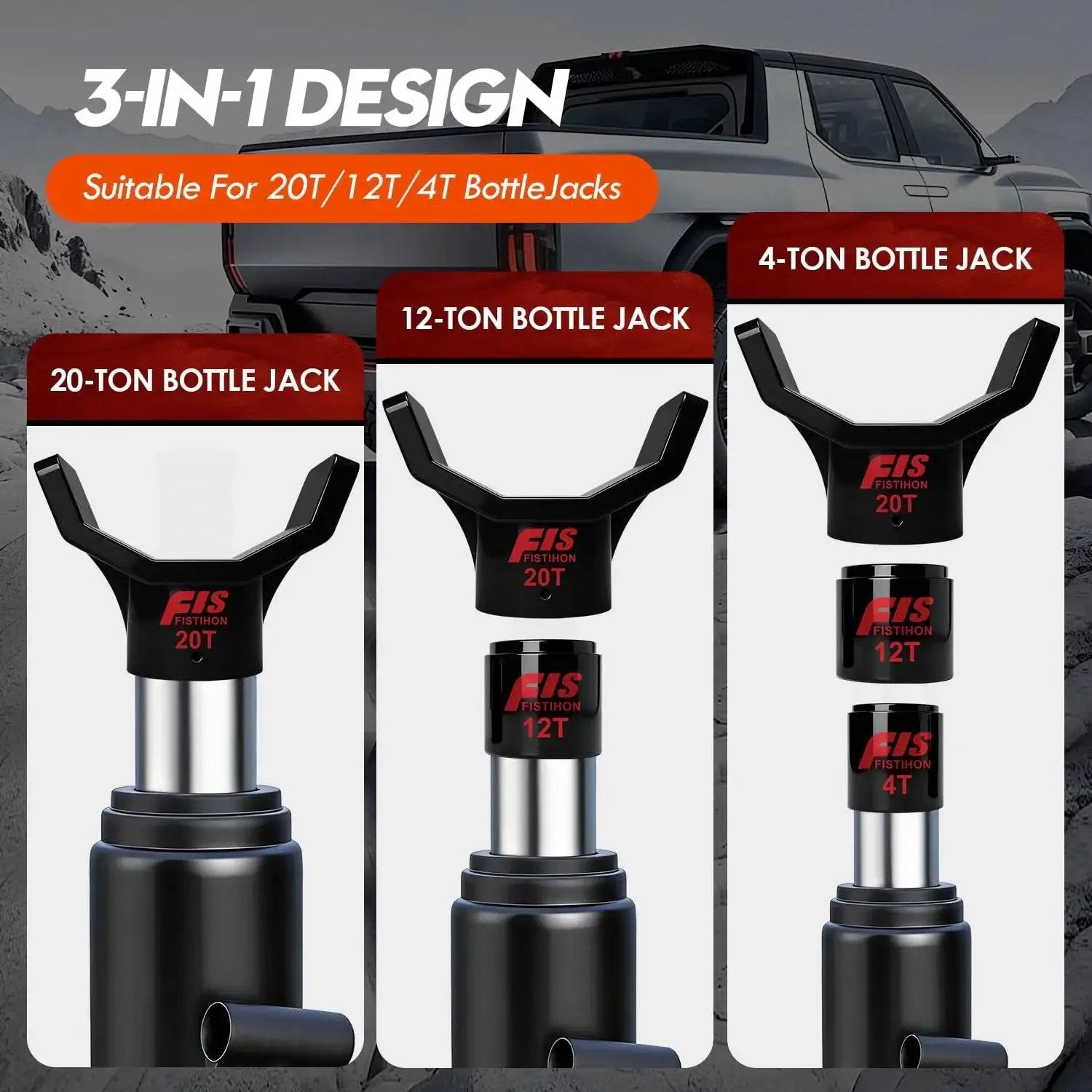 Three steel bottle jack adapters for 4T, 12T, and 20T jacks, showing dual adapter design for stable lifting, suitable for vehicles.