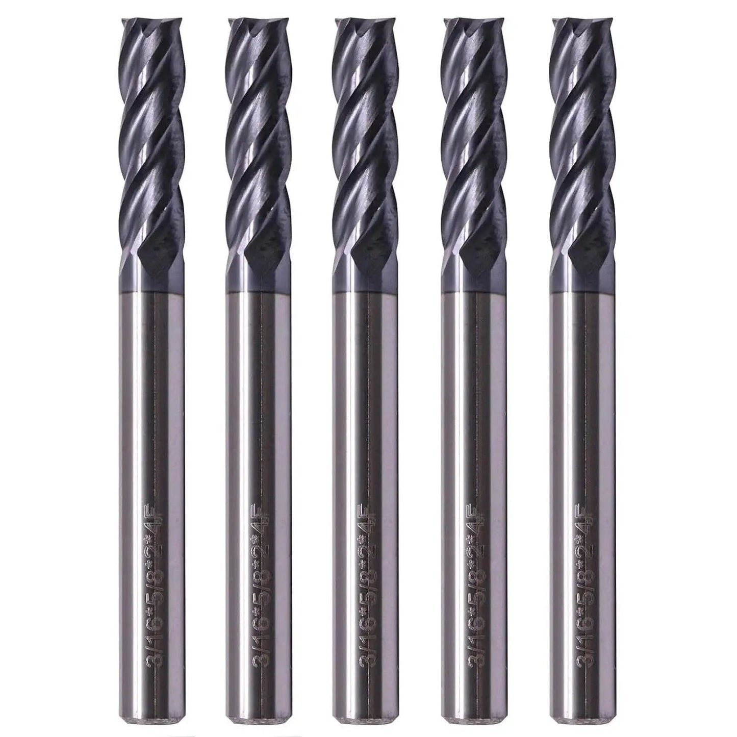 Front view of Heavy Duty 5 Piece Solid Carbide End Mills Set AlTiN Coated Square End Mills 4 Flute 30 Degree Helix, displayed vertically.