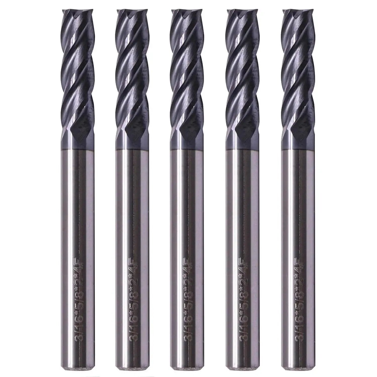 Front view of Heavy Duty 5 Piece Solid Carbide End Mills Set AlTiN Coated Square End Mills 4 Flute 30 Degree Helix, displayed vertically.