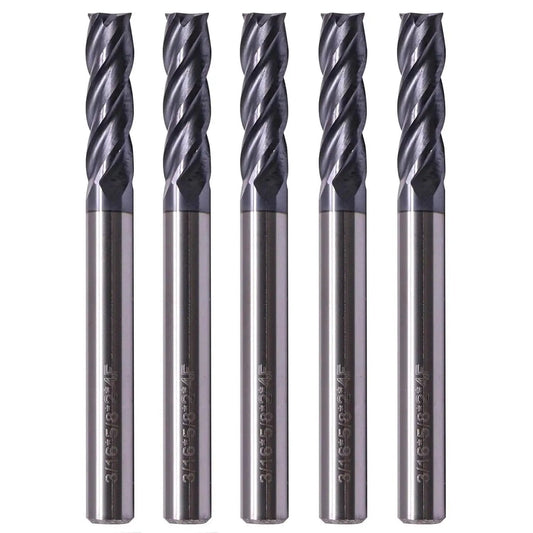 Front view of Heavy Duty 5 Piece Solid Carbide End Mills Set AlTiN Coated Square End Mills 4 Flute 30 Degree Helix, displayed vertically.