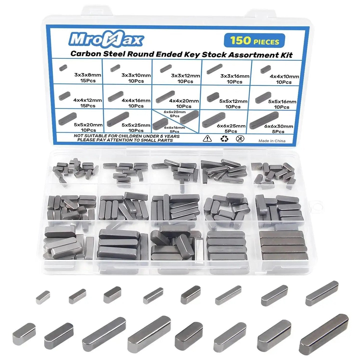 Round Ended Feather Key Set, 150 Pcs, 16 Sizes, Parallel Drive Shaft Keys, Carbon Steel Key Stock Assortment in box