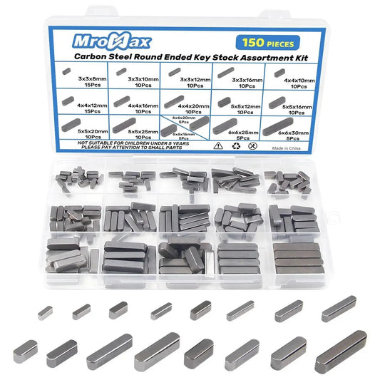 Round Ended Feather Key Set, 150 Pcs, 16 Sizes, Parallel Drive Shaft Keys, Carbon Steel Key Stock Assortment in box