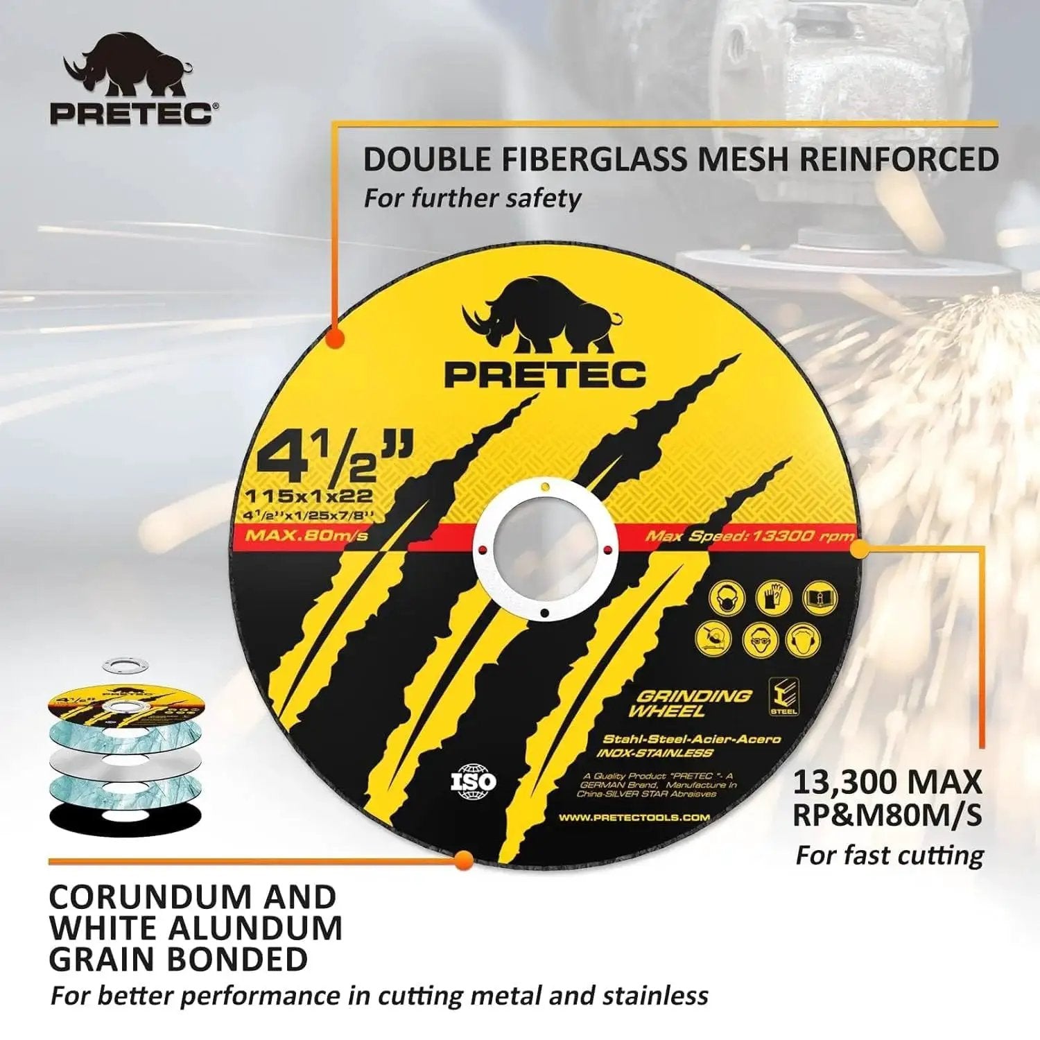 Cut Off Wheel Set 4-1/2 Inch For Angle Grinders 7/8 Inch Arbor Thin Metal Cutting Discs For Fast Cuts In Steel Stainless And Aluminum 50 And 5 Pack PRETEC High Speed 13300 RPM showing disc design and material