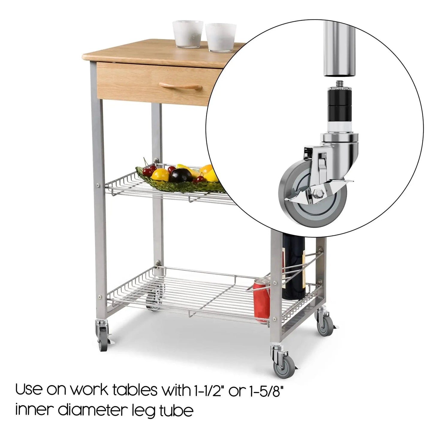 4-Inch Table Casters Set Of 4 With Expanding Stem Stainless Steel Locking Non Marring Rubber Wheels shown installed on kitchen cart