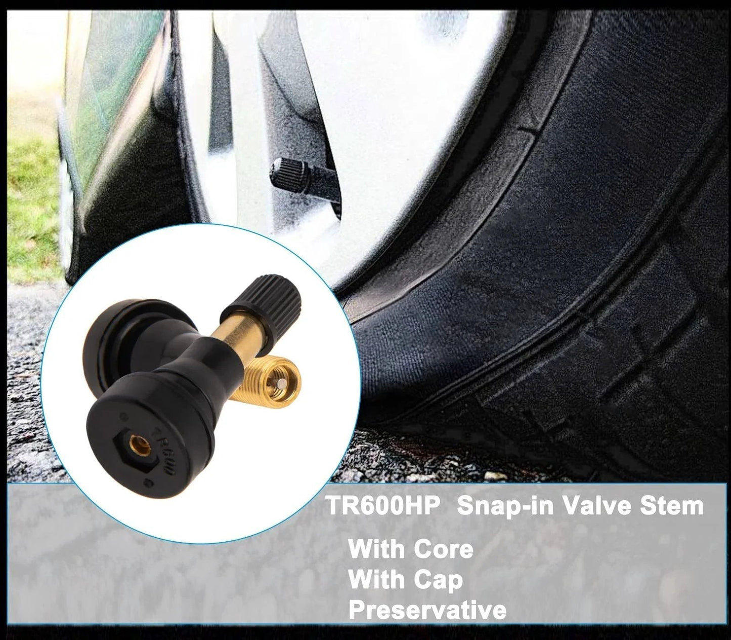 Close-up of a High Pressure Tire Valve Stems Heavy Duty Brass Rubber Snap In Valve Stems 100 Pack installed on a car tire.
