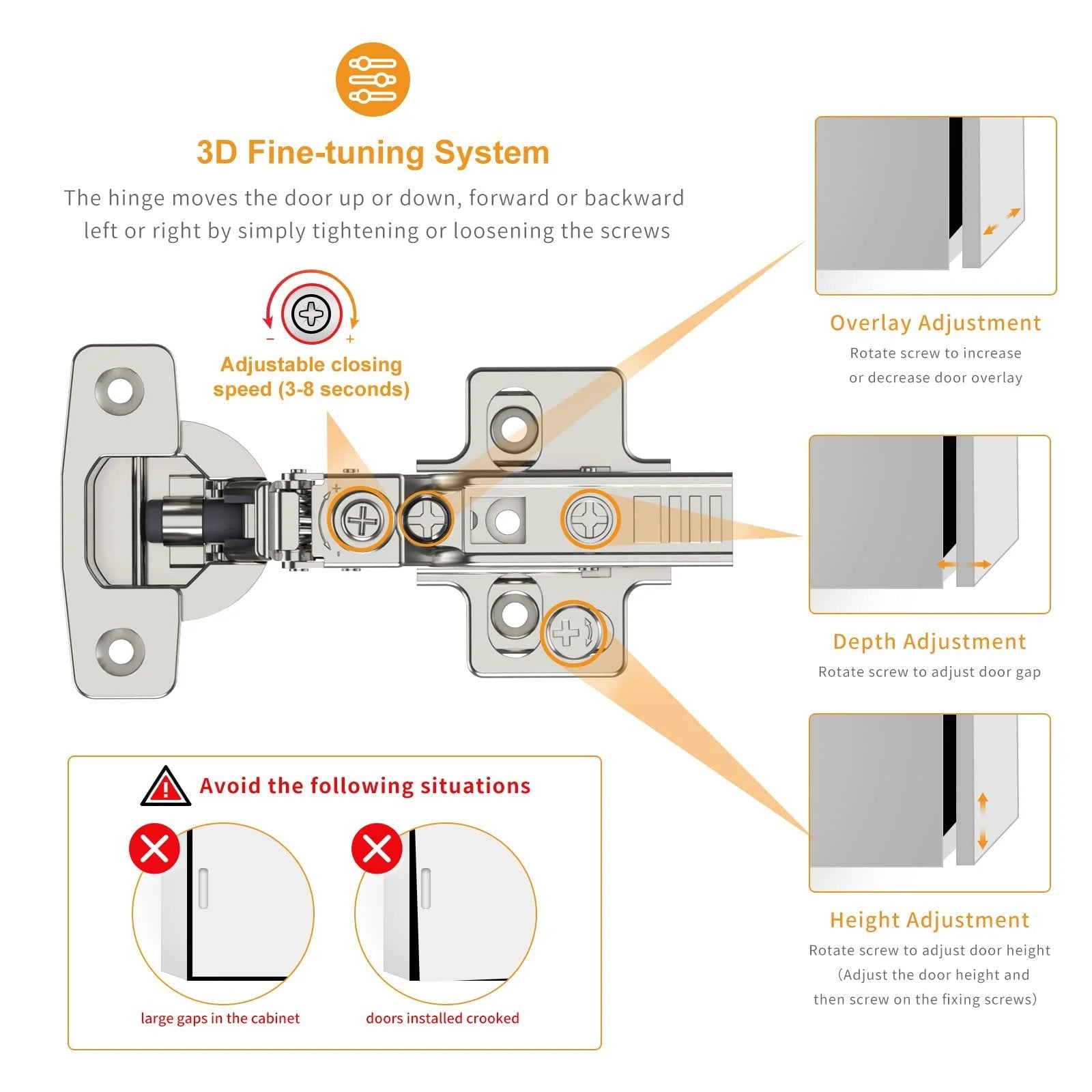 Diagram showing adjustments of 10 Pack Frameless Inset Soft Close Concealed European Cabinet Hinges for Self Closing Doors Satin Nickel Finish.