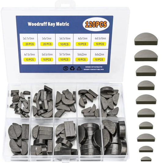 Woodruff Key Assortment Kit, 120 Pieces, 10 Popular Half Moon Key Sizes displayed in a plastic case, carbon steel, anti-rust coating.