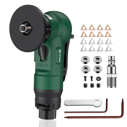 Pro Mini Pneumatic Chamfering Tool With 16 Piece C And R Angle Blades For Straight 45 Degree And Arc Beveling, accessories shown