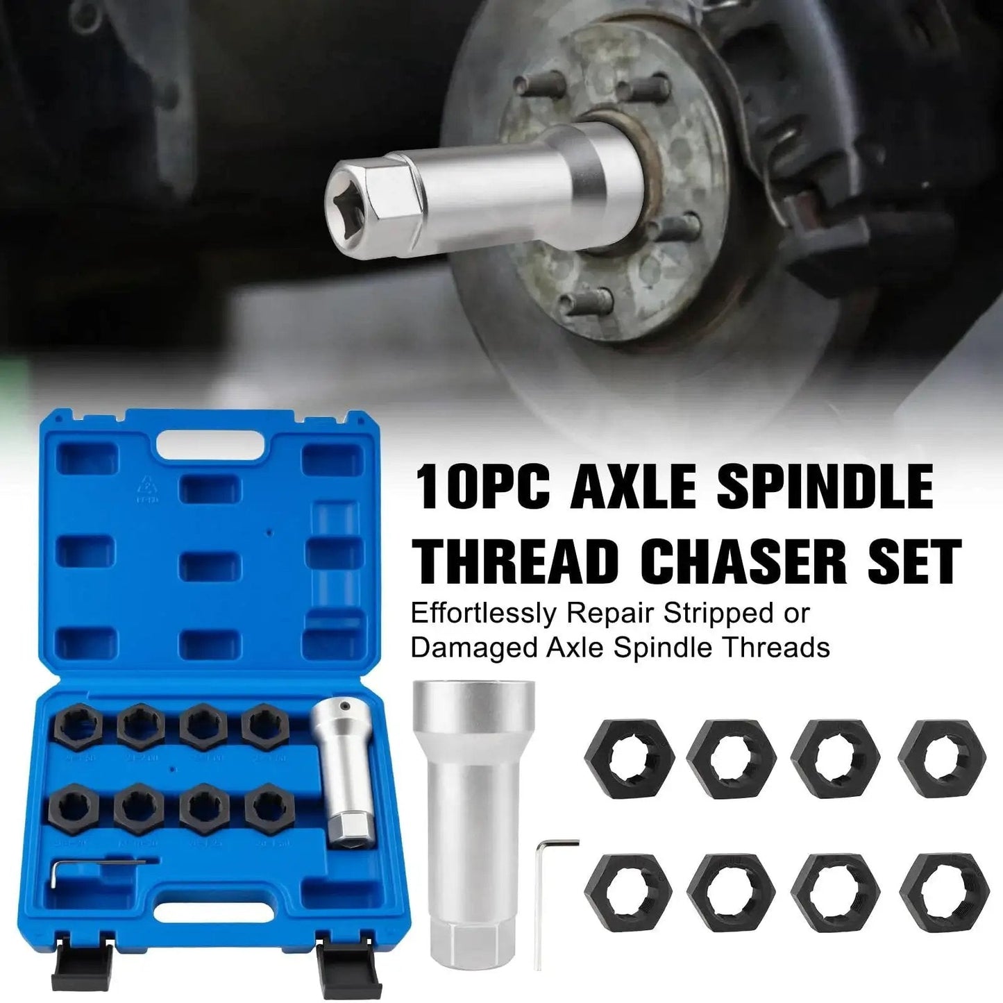Axle Spindle Thread Chaser Set For Vehicle Axles With 8 Dies And 1-1/16 Inch Extension Bar, includes case and nuts