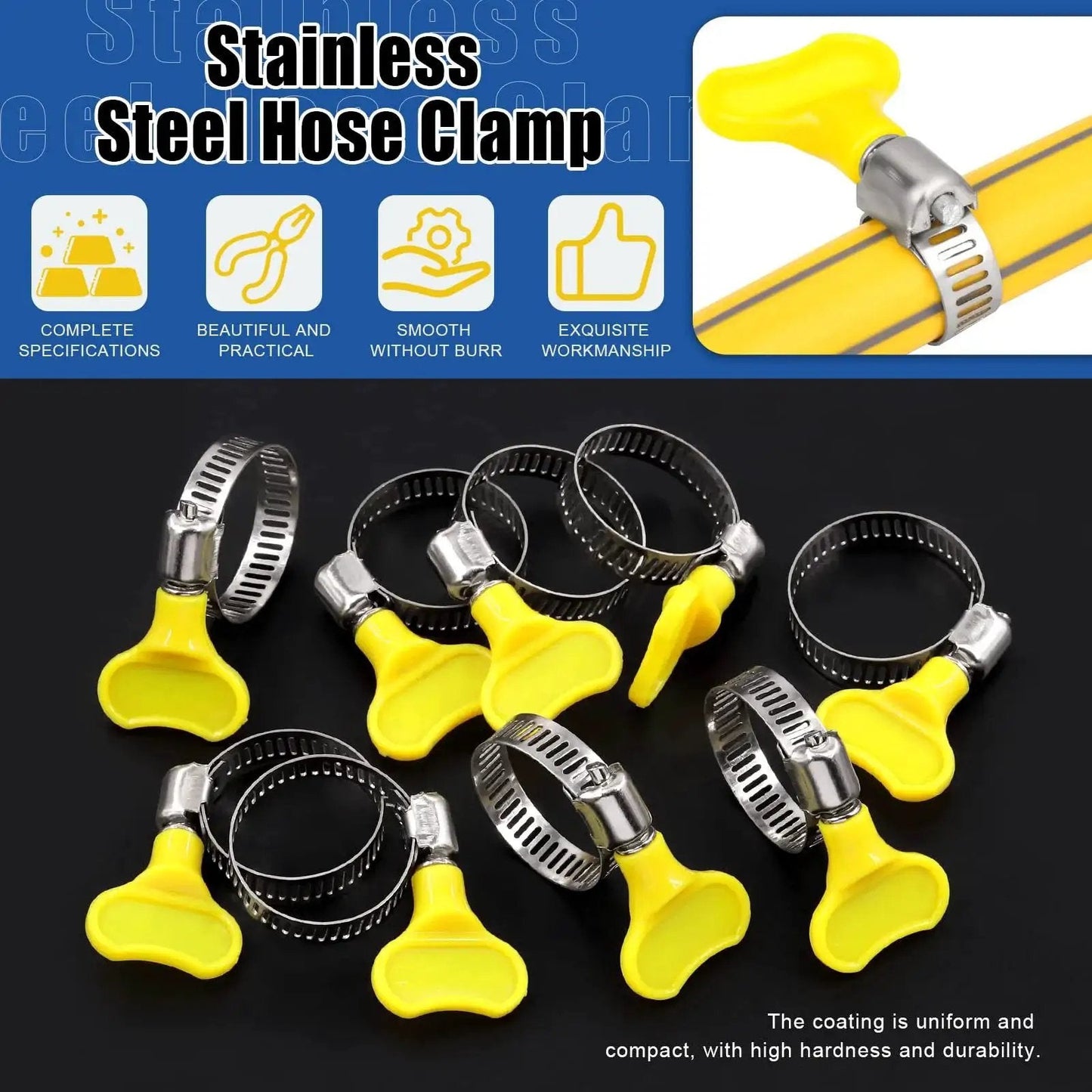 Adjustable 19-29mm Hose Clamps Set With Key Type Worm Gear, 20Pcs Stainless Steel 304 Clamps With Plastic Handle, shown with yellow keys.