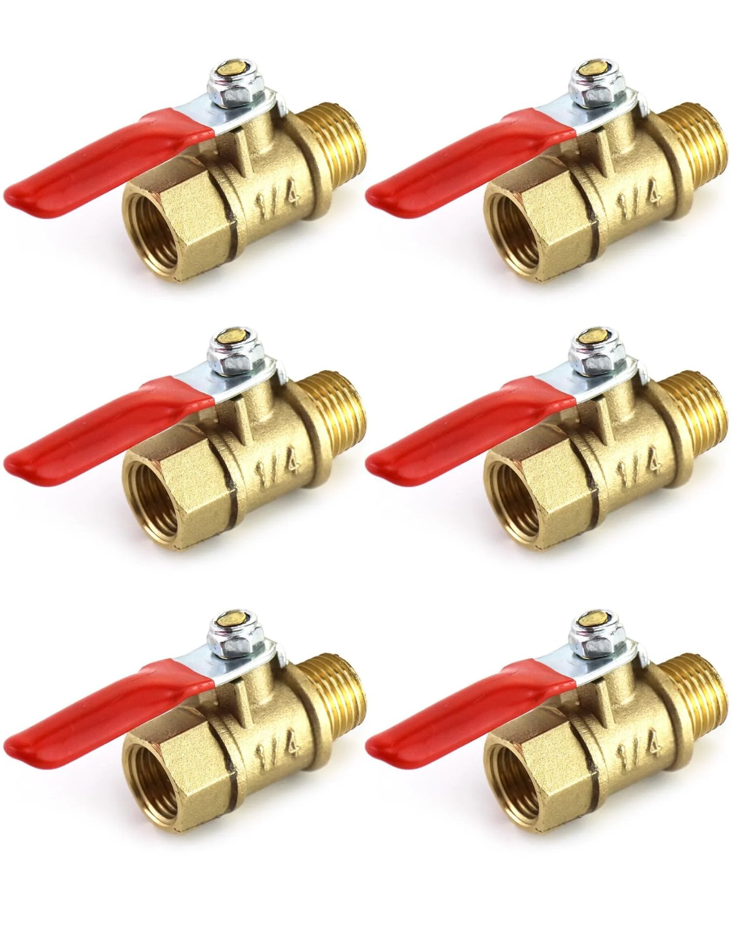 Heavy Duty Brass Ball Valve Pack Of Six With One Quarter Inch NPT Male To Female Threads For Air Water Oil Gas Applications