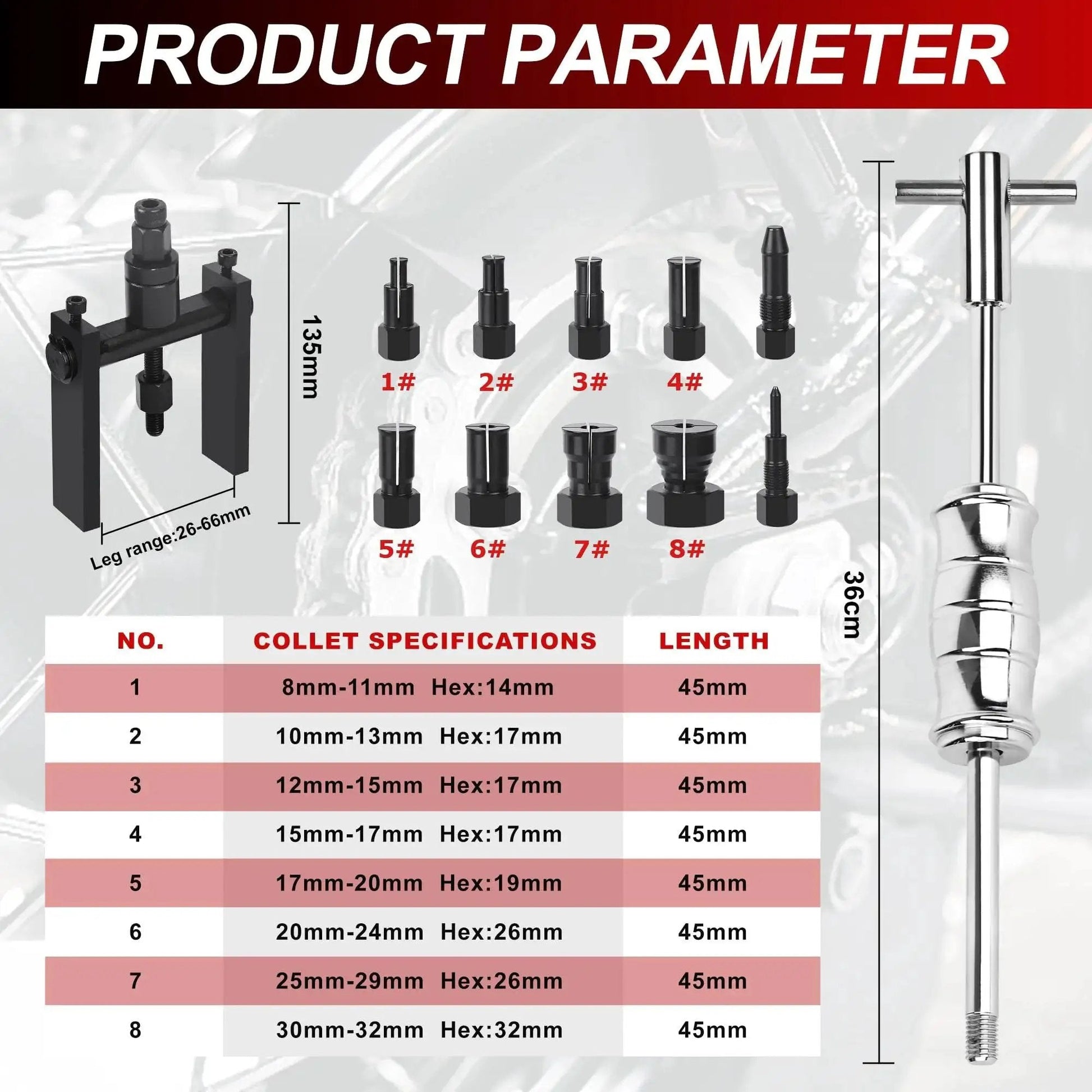 Diagram and specifications of the 12 Piece Blind Hole Bearing Puller Kit with Slide Hammer for Motorcycles, including 8-32mm collets.