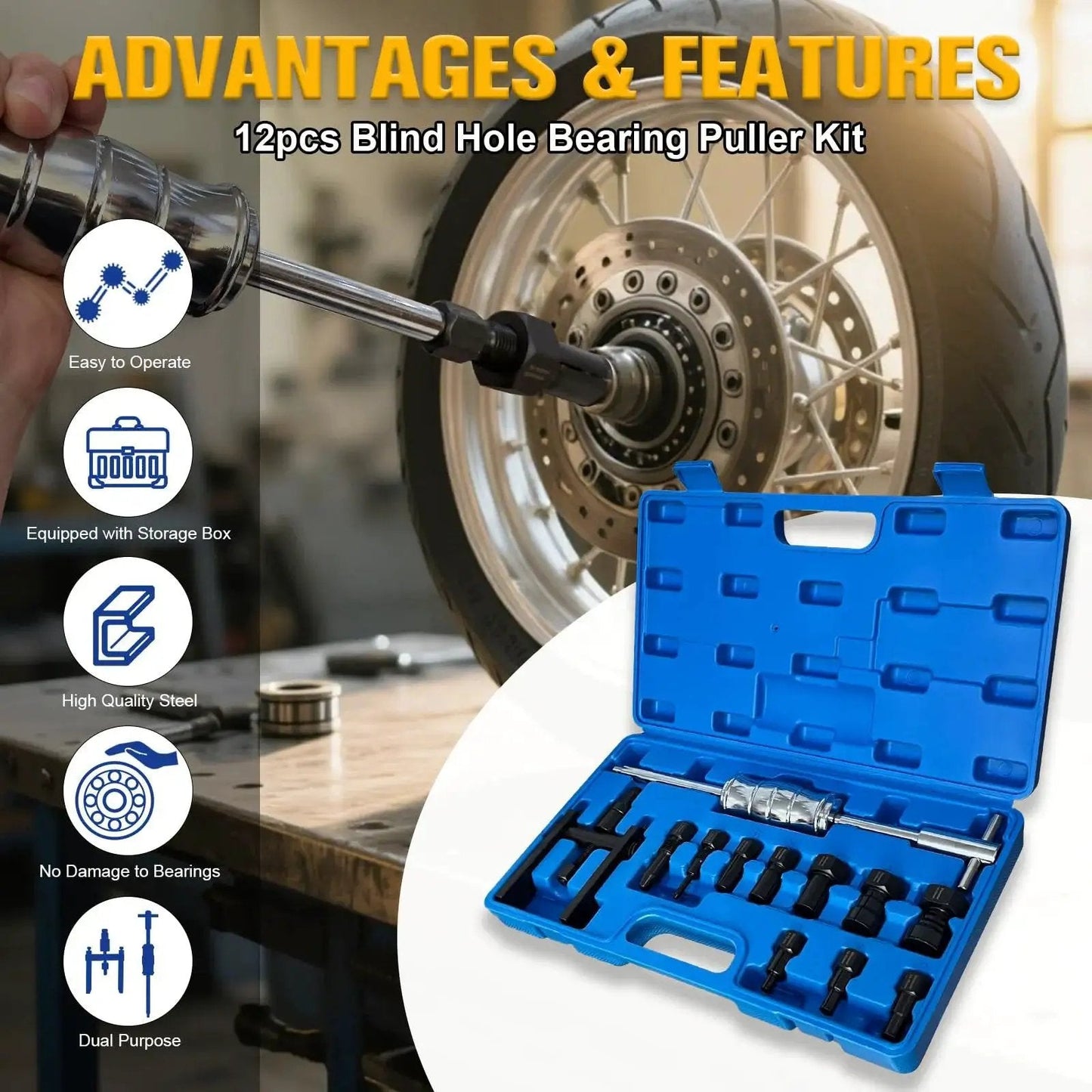 12-Piece Blind Hole Bearing Puller Kit With Extendable Collets From 8mm To 32mm, Slide Hammer Puller Set with case and usage view