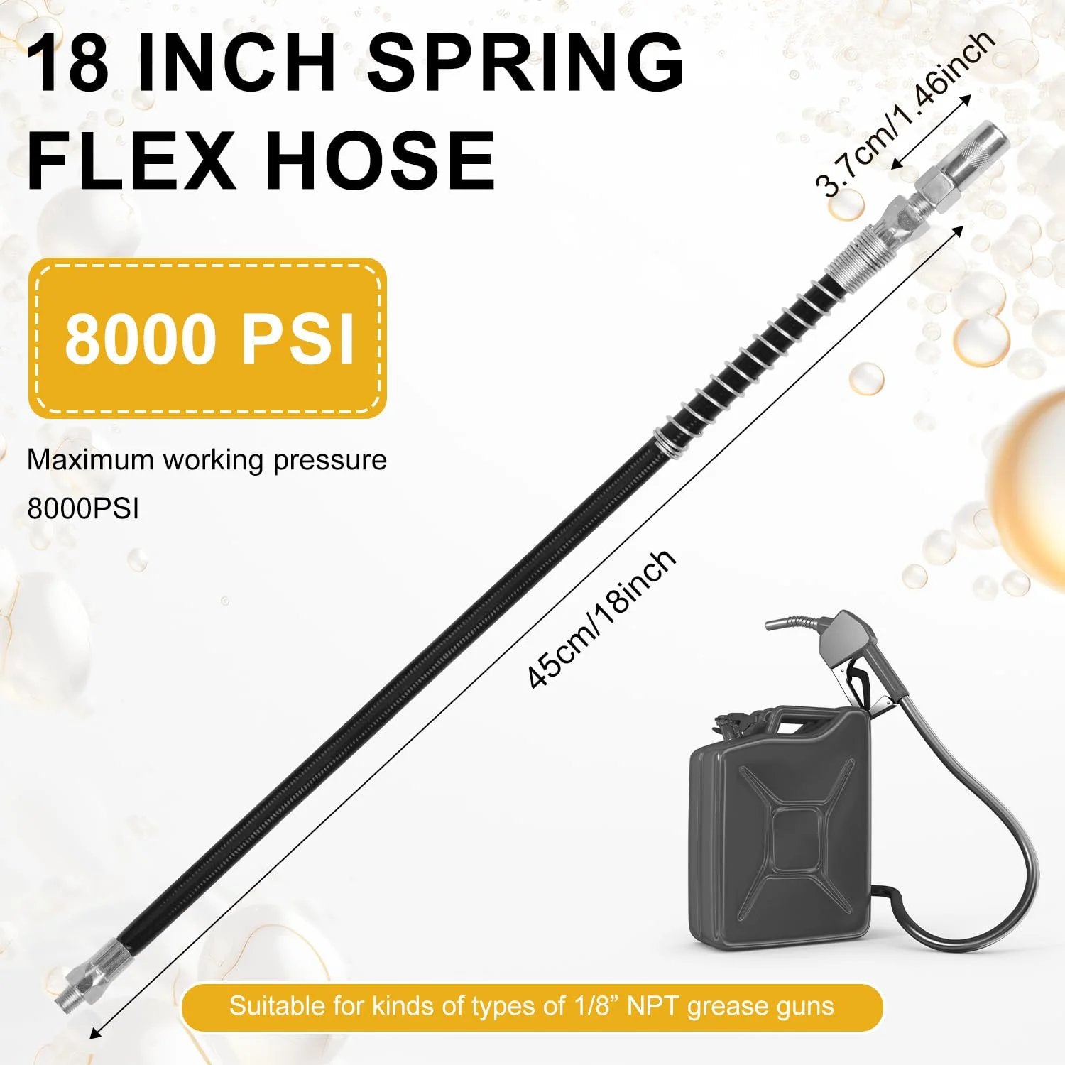 Grease Gun Accessory Kit With 18 Inch Spring Flex Hose And Locking Coupler, 8000 PSI Capacity, 1/8 NPT Threads, shown with fittings