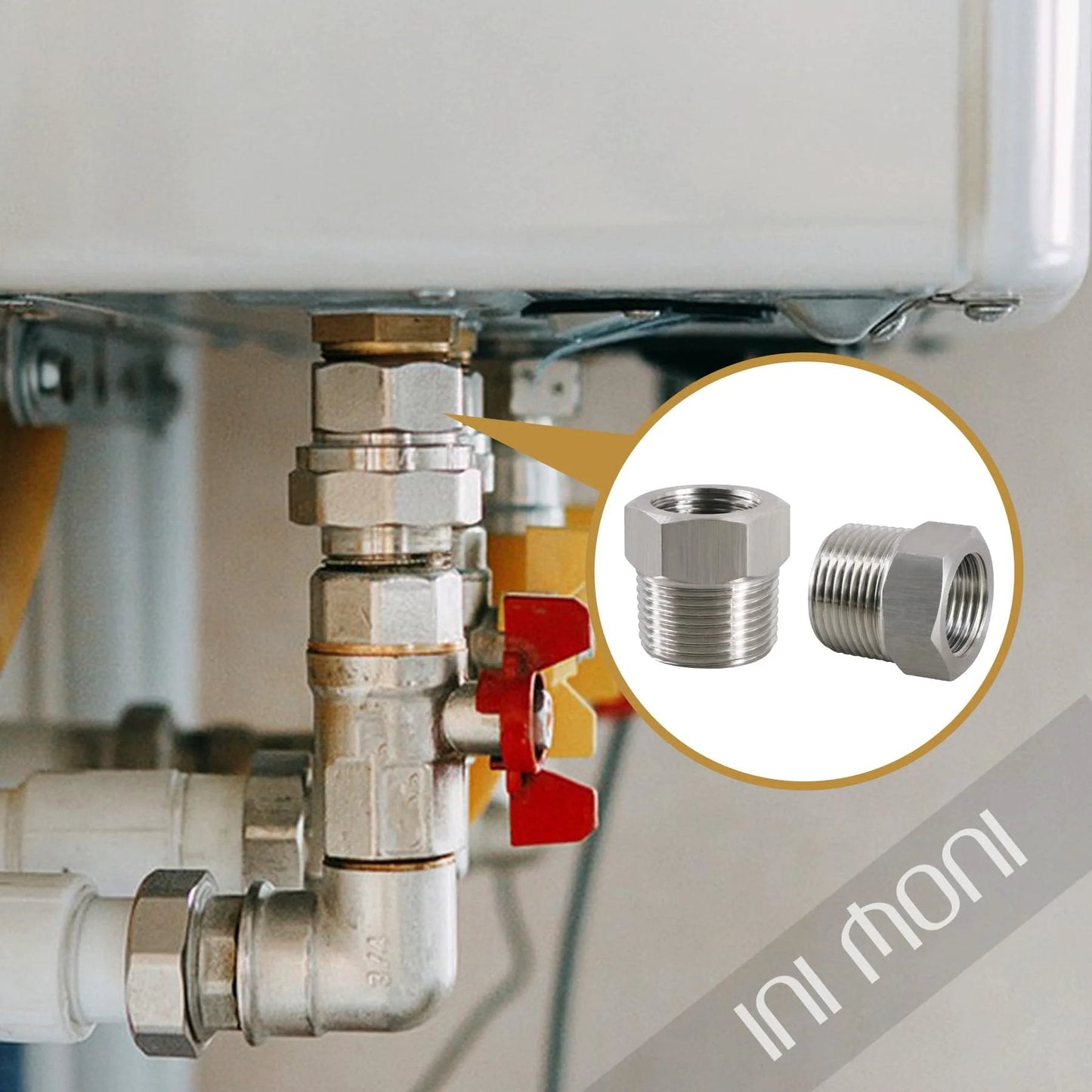 Heavy Duty Stainless Steel NPT Reducer Hex Bushing One Half Inch Male To Three Eighth Inch Female Beefy High Pressure Pipe Fitting For Water Gas Oil Air Hydraulic Systems 2900 PSI installed view