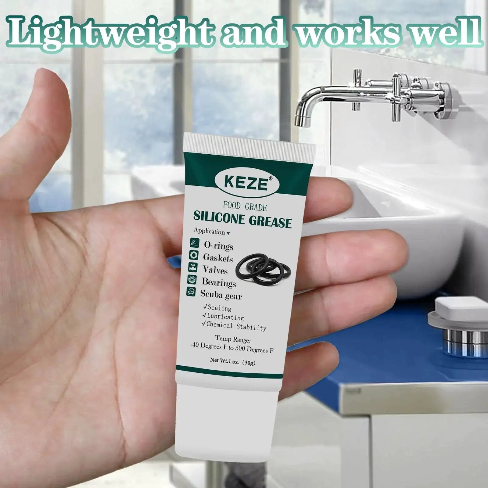 Food Grade Silicone Lubricant For Faucets Valves O Rings Plumbers Grease 1 Oz tube in hand near kitchen sink.