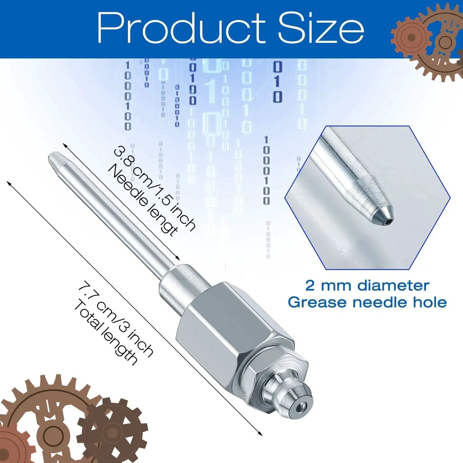 Needle Nose Grease Nozzle For Hand Operated Grease Gun With Narrow Needle Adapter And Fittings One Eighth Inch NPT Threads, 3-inch length