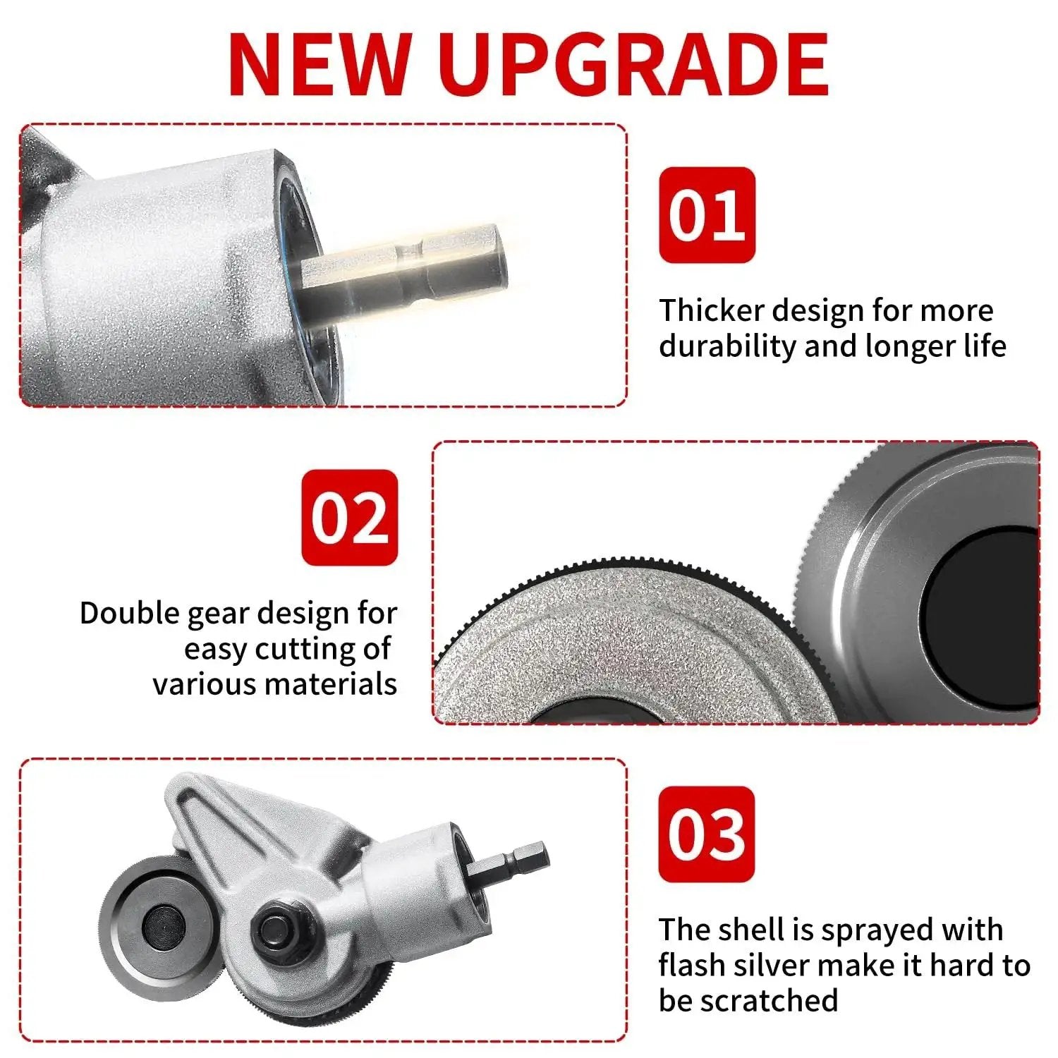 Drill Cut Pro Metal Cutting Adapter For Electric Drills, showing close-up of serrated wheel and durability features