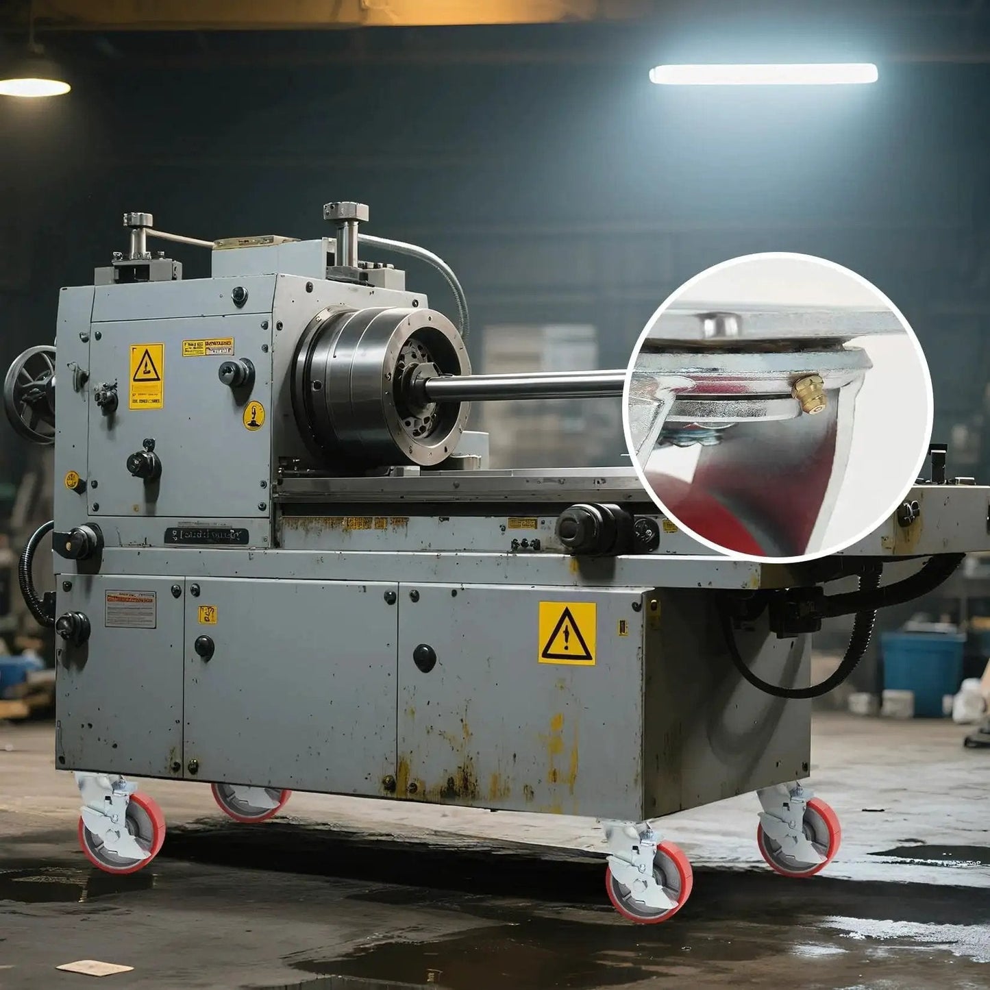 Metal lathe on 5 inch industrial casters with low noise polyurethane wheels on steel hubs, heavy duty swivel plate, in a workshop.