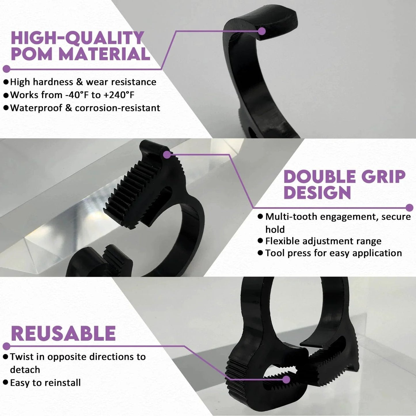 Close-up of 146 Piece Nylon Hose Clamp Set With Double Grip Ratcheting Clamps In 10 Sizes, features of high-quality POM material.