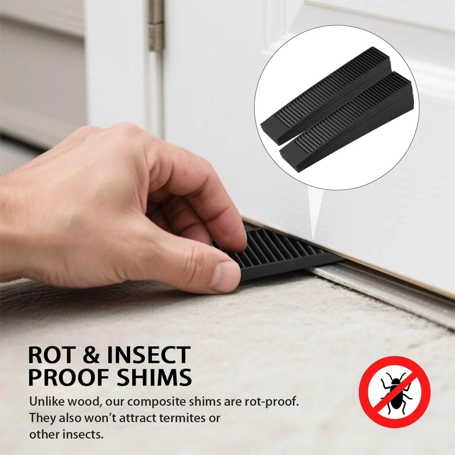 Hand installing Eight Pack 8 Inch Plastic Composite Shims For Furniture Doors Toilets And Tables With Extreme Load Support, Black, anti-slip design