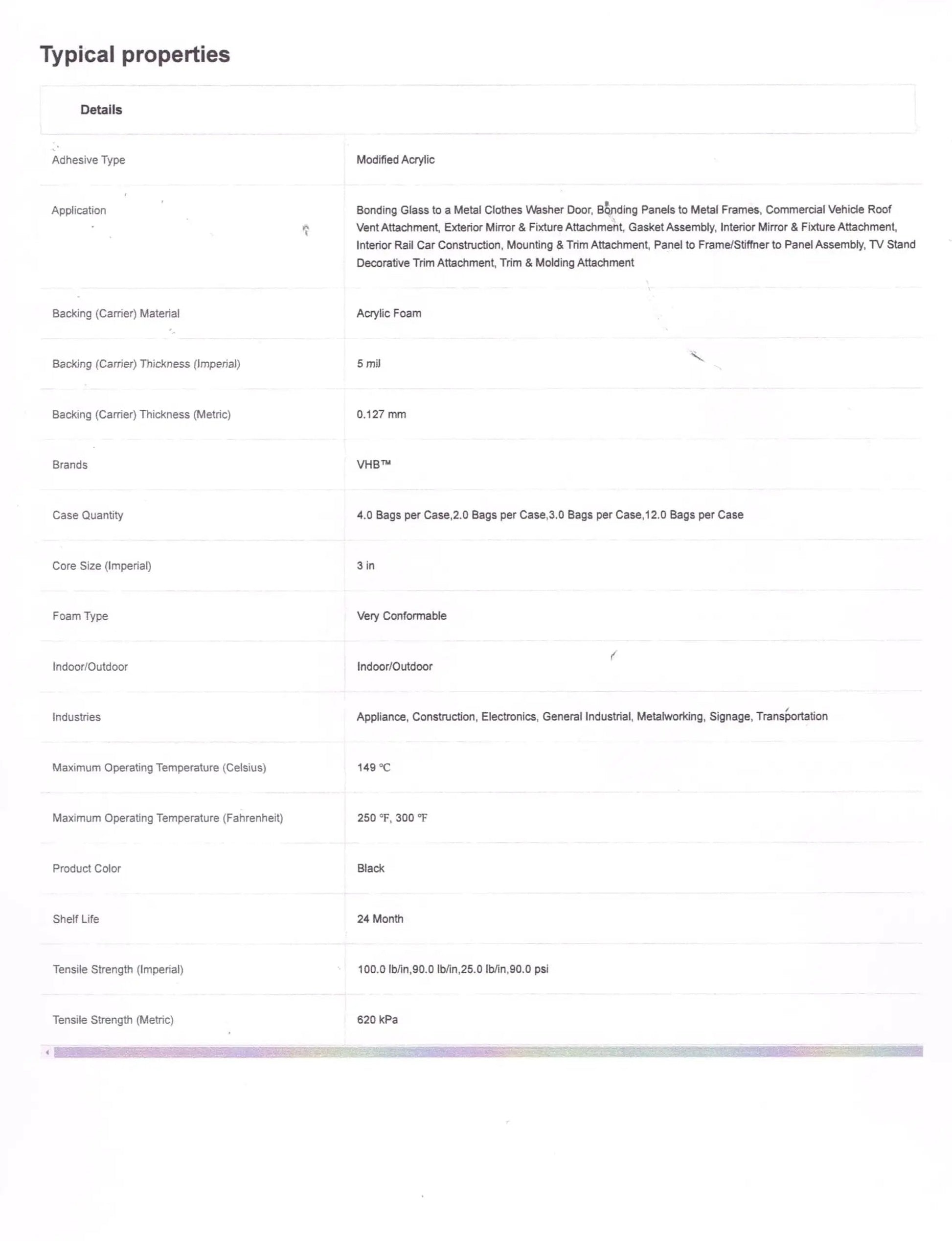 Specification sheet showing typical properties of VHB 5952 Double Sided Foam Adhesive Sheet Tape 100x200mm 4x8 Inches Industrial Grade.