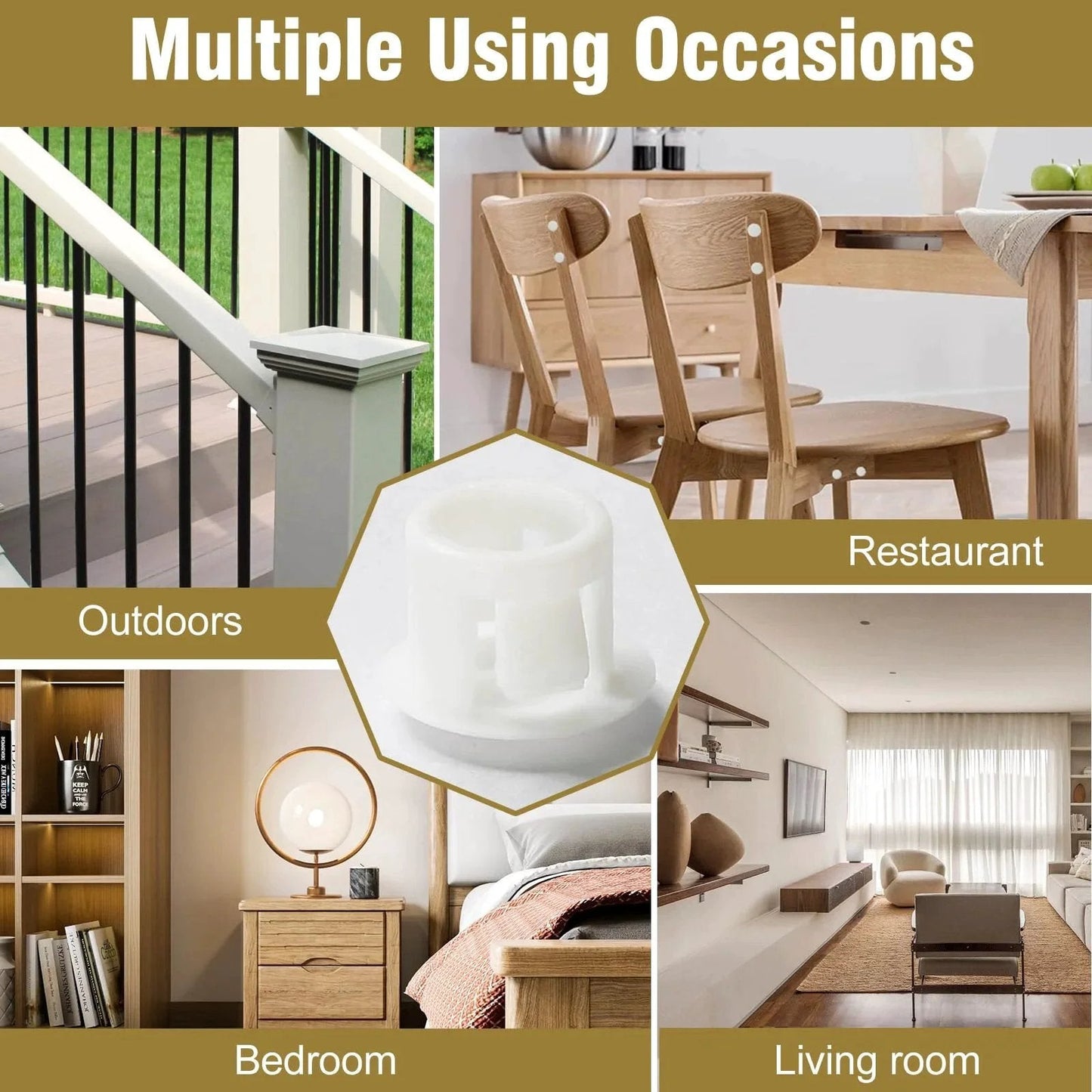 30 Pack 8mm White Plastic Hole Plugs With Snap In Locking End Caps For Furniture Fencing Posts And Pipes shown in various home settings.