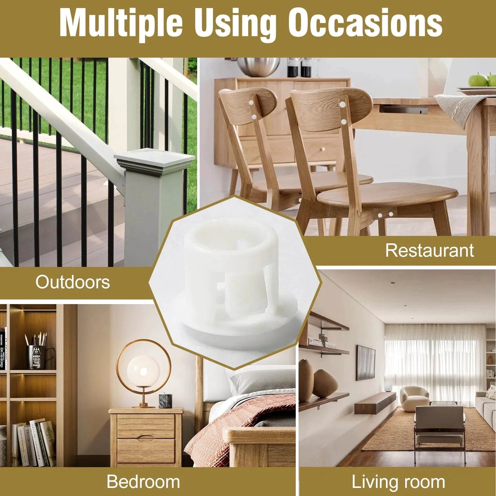 30 Pack 8mm White Plastic Hole Plugs With Snap In Locking End Caps For Furniture Fencing Posts And Pipes shown in various home settings.