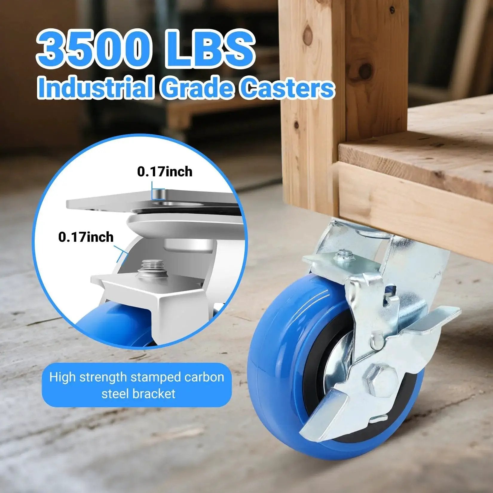 5 Inch Heavy Duty Caster Set Of Four With 3500 Lbs Industrial Grade Capacity And Upgraded Thickened Bracket Smooth Rolling Wheels For Cart Bases Two Brakes And Two Rigid Castors Ideal For Warehouses Workshops And Industrial Use showing a side view of blue and silver caster installed on wood