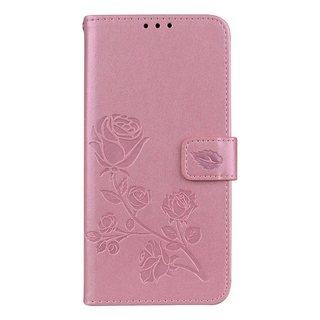 Pink leather phone case with embossed rose design and magnetic clasp.