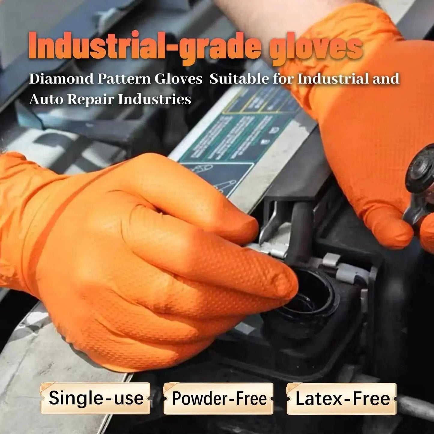 Heavy Duty Orange Diamond Grip 8Mil Nitrile Gloves Puncture And Cut Resistant XL used in automotive repair