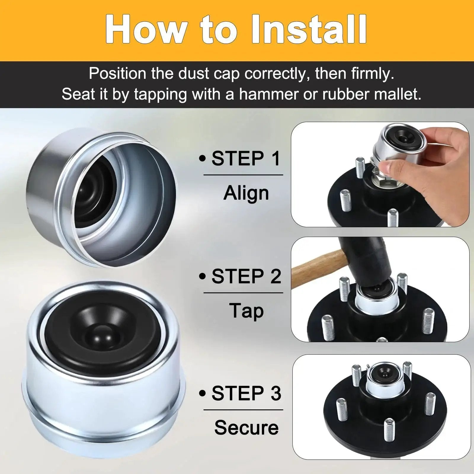 Installation steps for Trailer Axle Dust Cap Cup Kit 1.98 Inch Fits 2000 3500 Lbs Trailer Wheel Hubs with detailed instructions