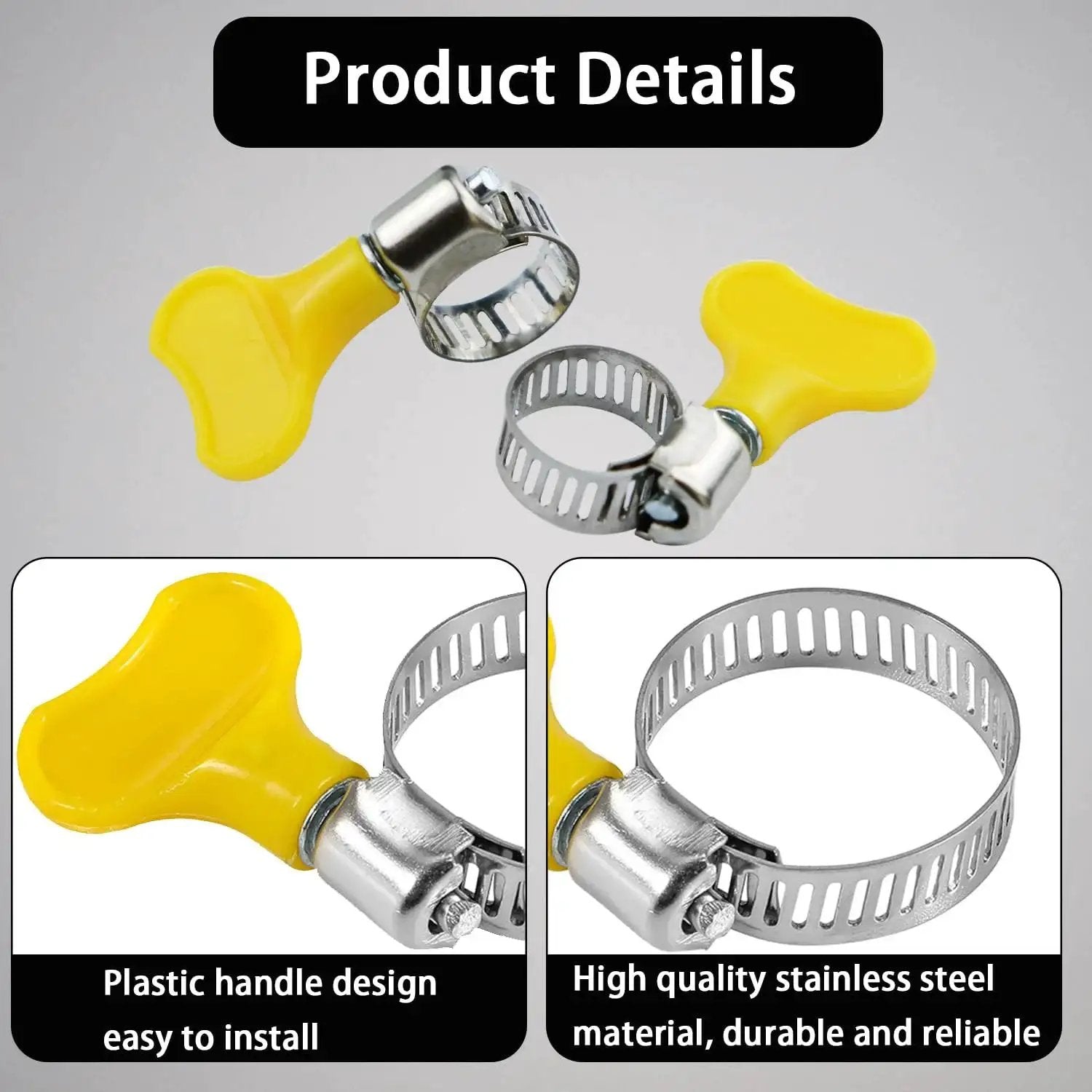 Stainless Steel Yellow Hose Clamps 10 To 16 Millimeters Adjustable Pack Of 20 for home brewing and automotive use, shown in close-up.