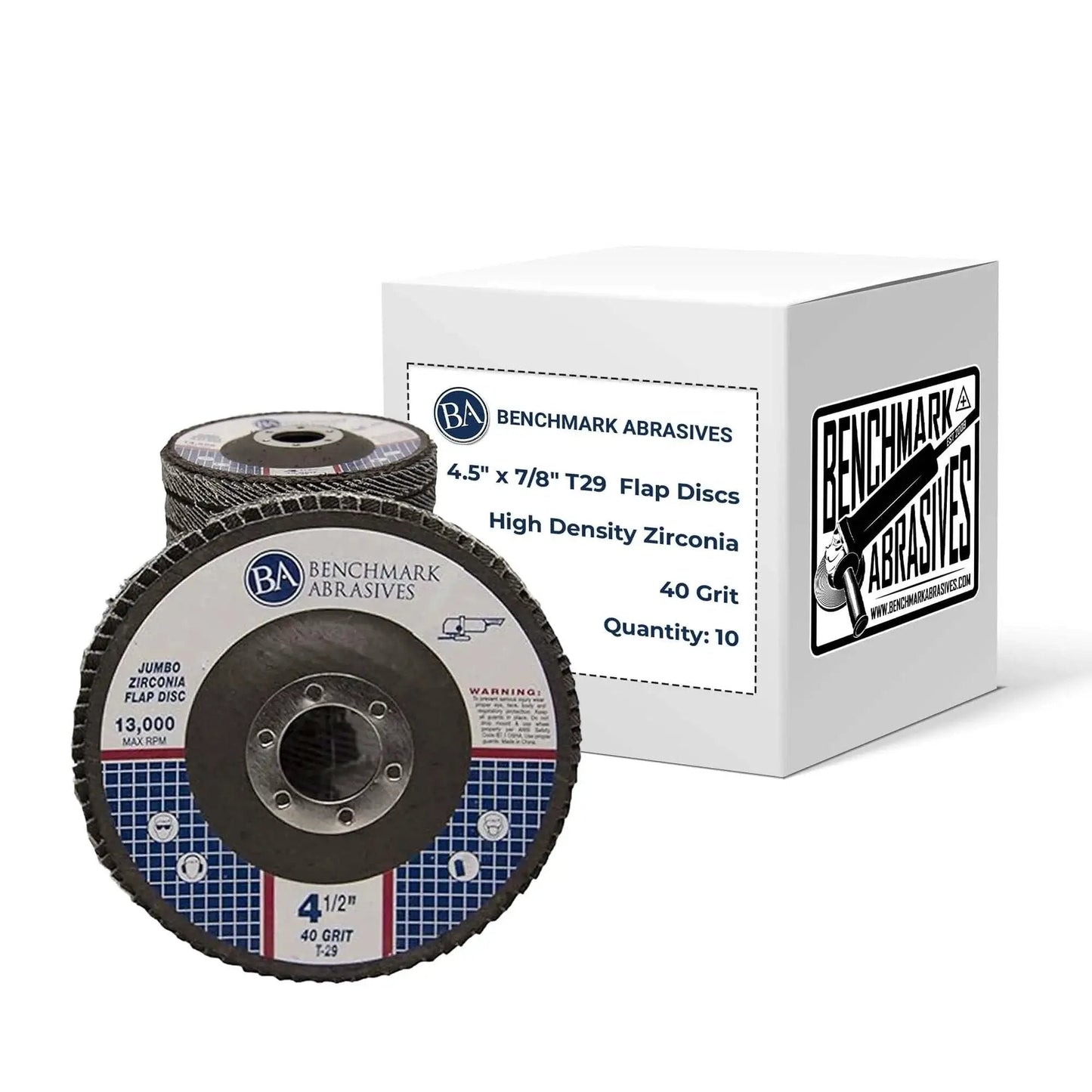 4.5 Inch Premium High Density Zirconia Type 29 Flap Discs 40 Grit 10 Pack in front of packaging box