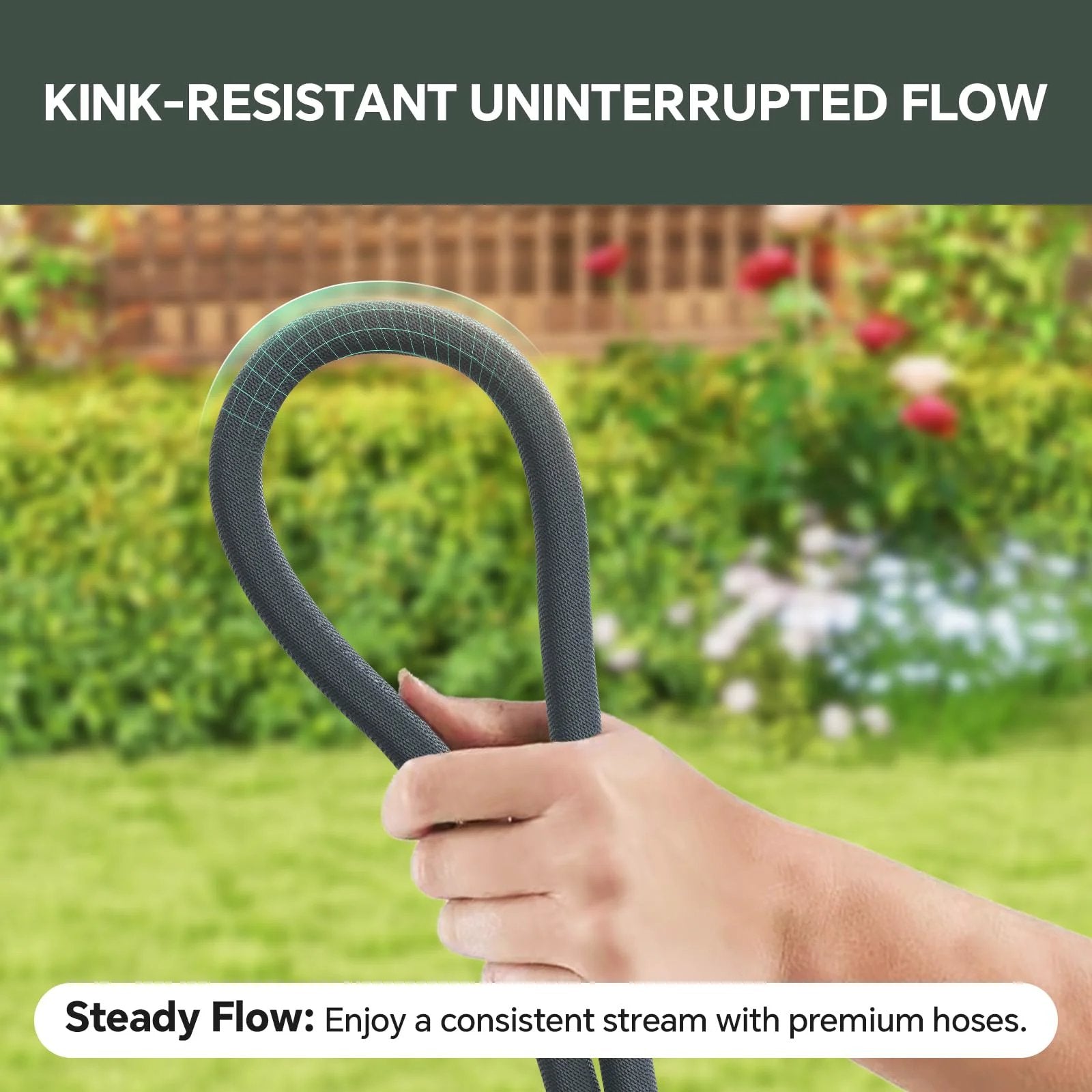 Hand holding Ultra Lightweight 75ft Non Expanding Garden Hose With Kink Free High Pressure Performance Abrasion Resistant Build All Weather Durability Eco Friendly Design Black Gray in garden setting.