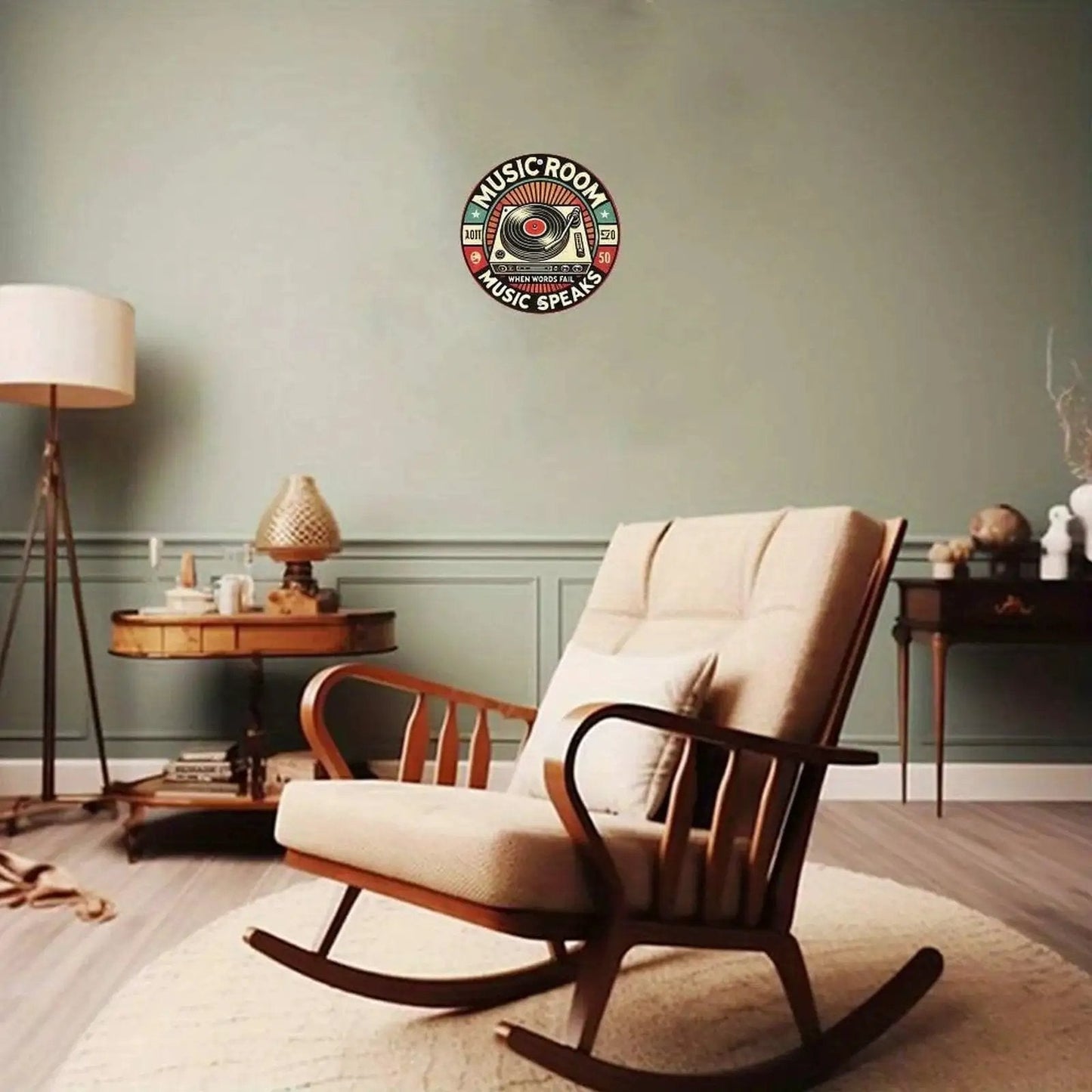 Retro Music Room Sign Featuring Turntable Design Round Aluminum Wall Art For Home Office Cafe And Yard Indoor Outdoor Decor Durable Rust Resistant Metal With Full Surface UV Printing For Bright Long Lasting Colors in a living room