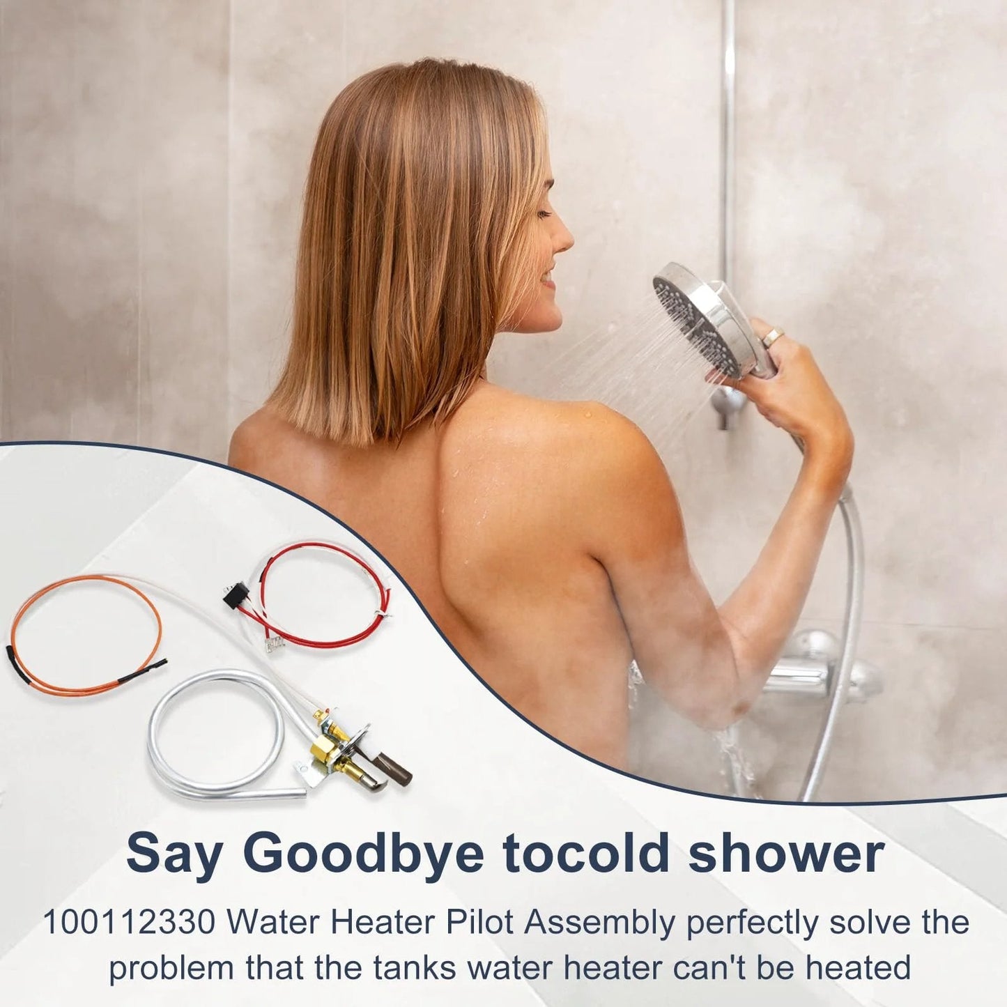 Woman showering with image of Water Heater Pilot Assembly Replacement for 9007876 9007877 4067826 Thermopile shown below.