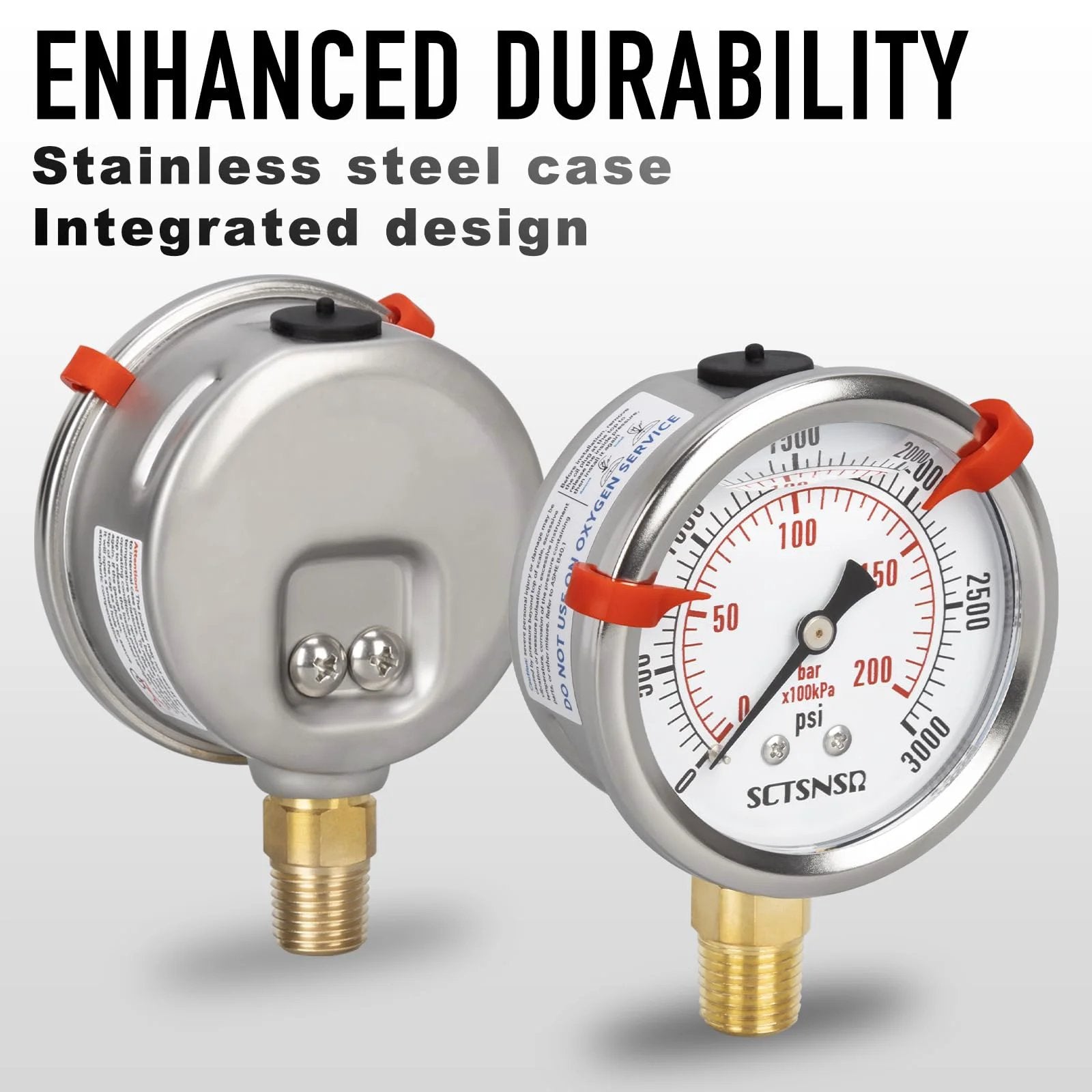Glycerin Filled 0 To 3000 Psi Pressure Gauge, Two And A Half Inch Dial, Lower Mount One Quarter Inch NPT, Stainless Steel Case, Brass Core