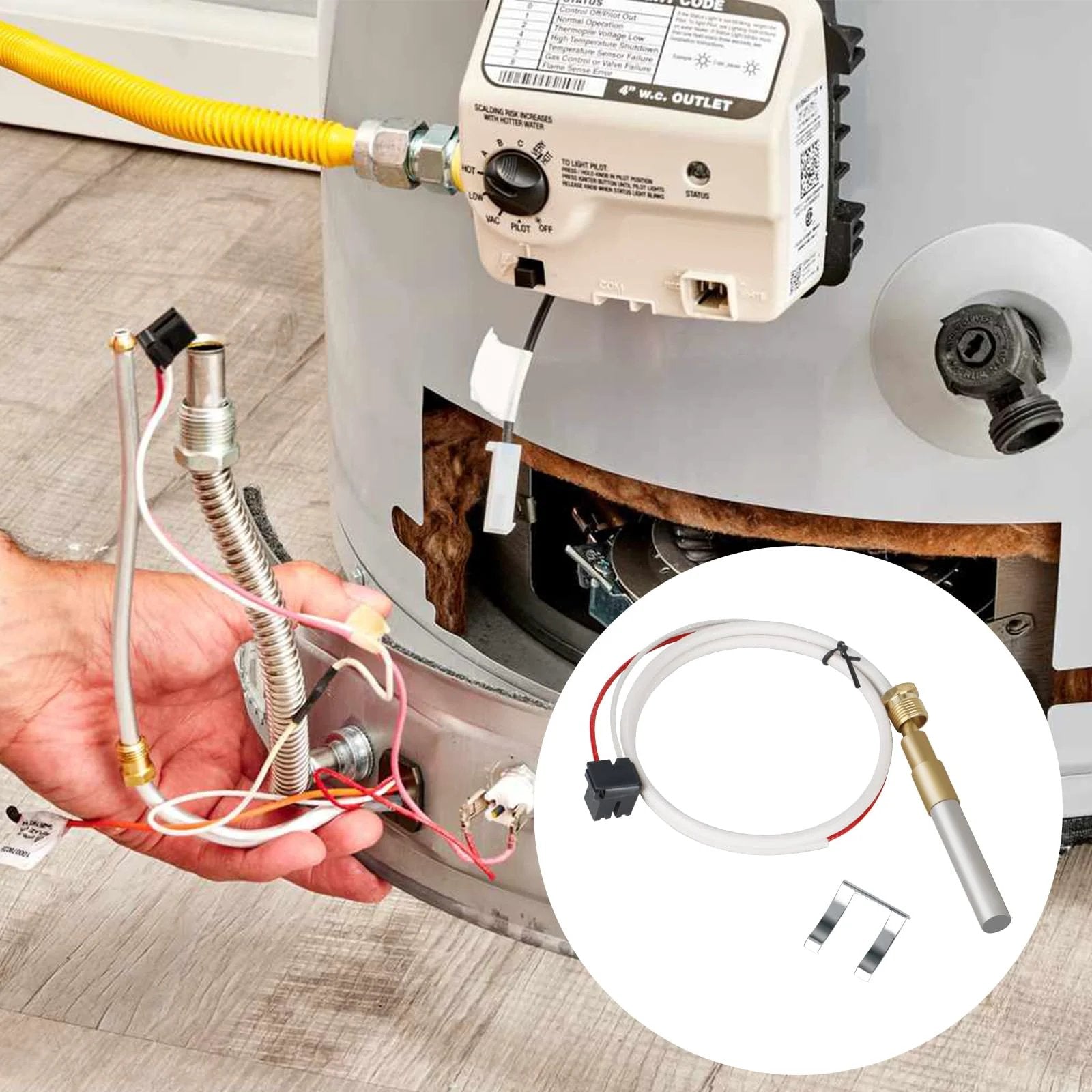 Thermopile Replacement For Water Heaters No Fuss Install Compatible With Pilot Burner Parts SP20824 SP20754 SP21058 SP20800 SP21096 SP20739 Rheem Ruud Richmond shown close-up installed on water heater