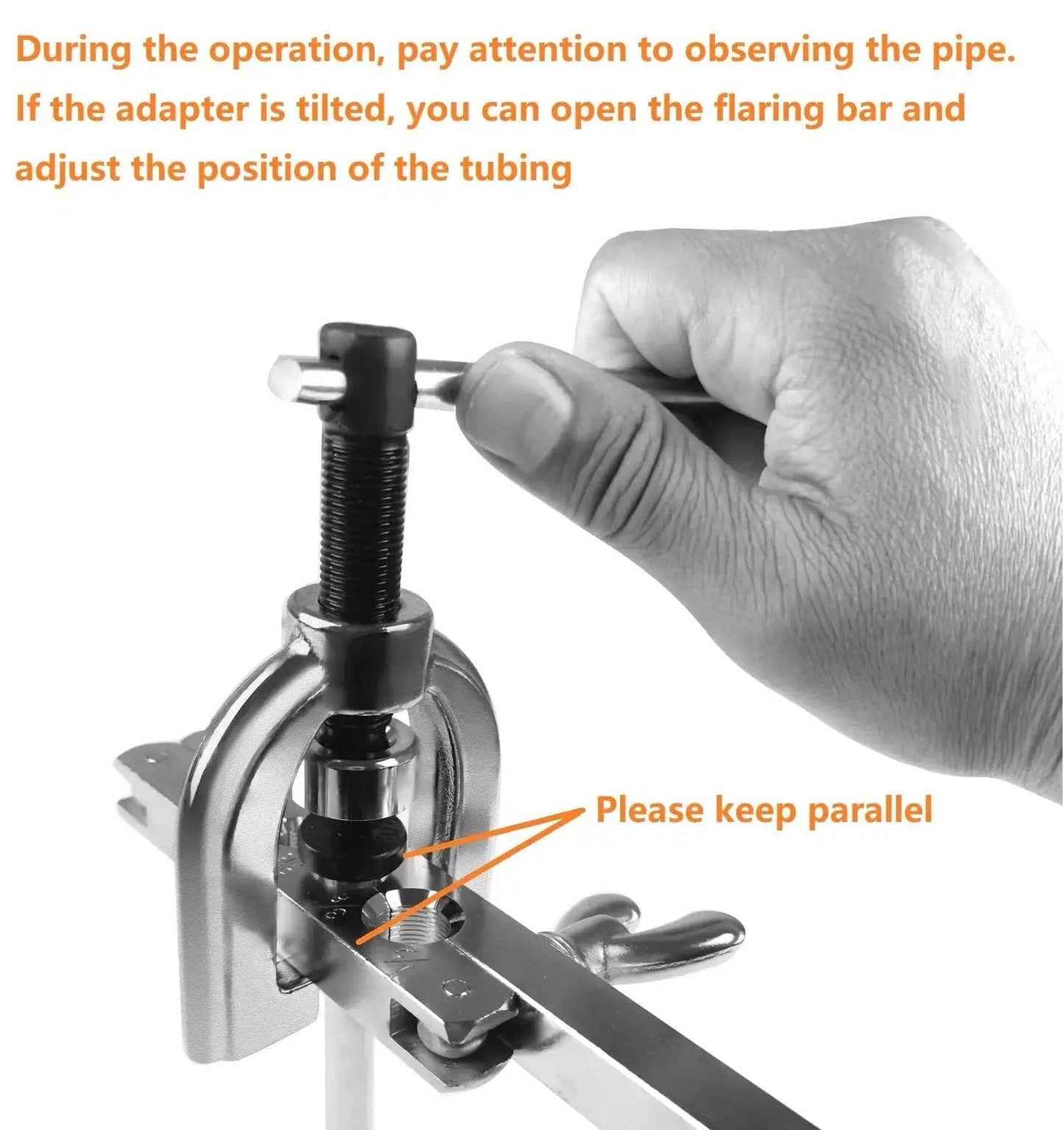 Hand operating Brake Line Flare Kit For Copper And Aluminum Tubing Dual 3/16 To 1/2 Inch, demonstrating tube alignment.