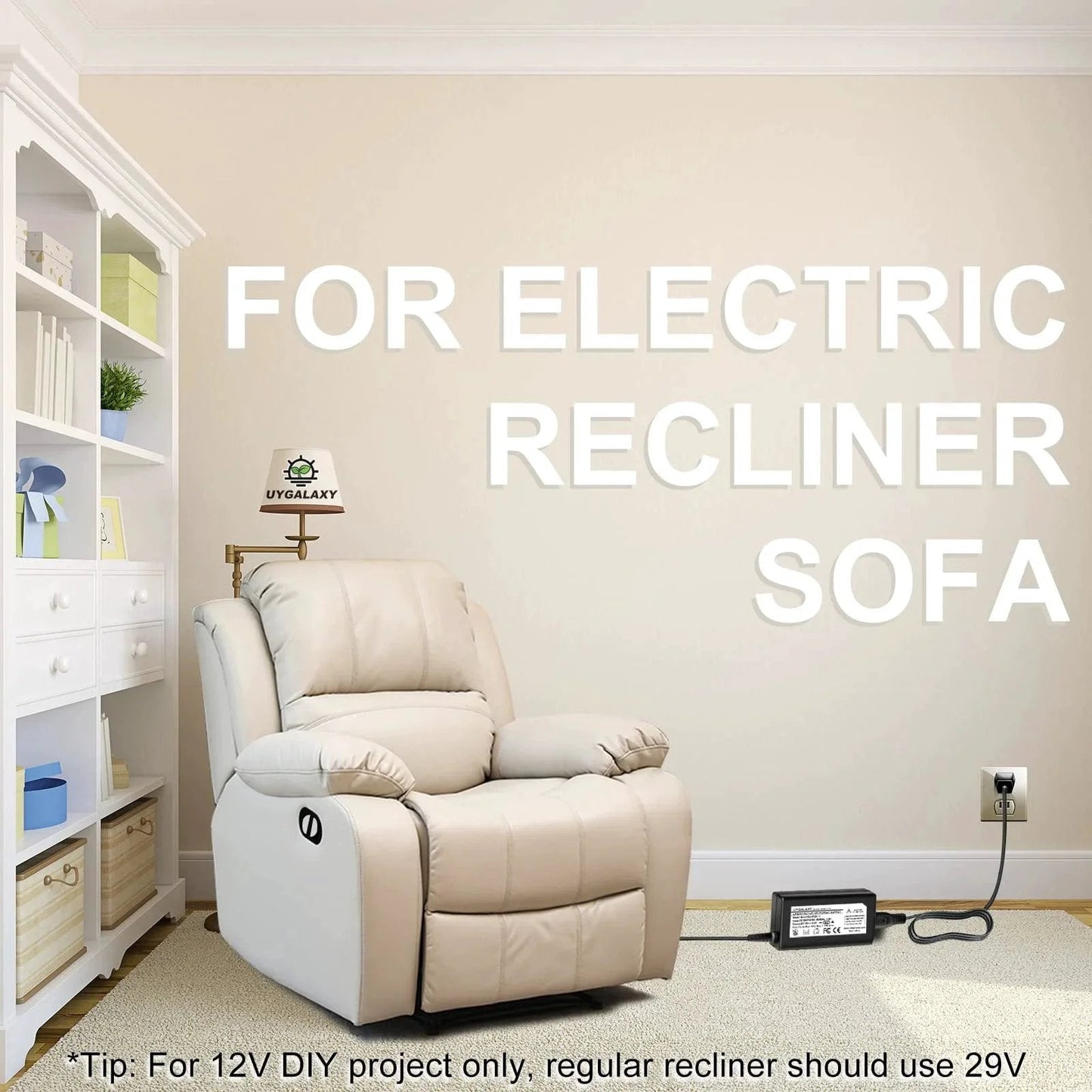 12V 5A Power Supply For Linear Actuator And Motor Controller Compatible With Lift Chair And Electric Sofa shown with recliner