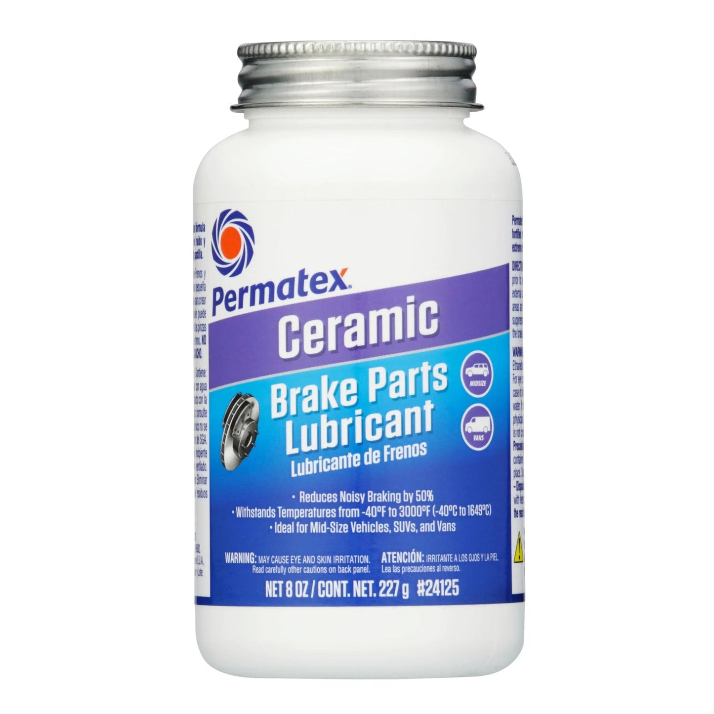 Permatex Ceramic Extreme Brake Parts Lubricant, 8 oz jar, 100 percent synthetic formula, visible label with product details.