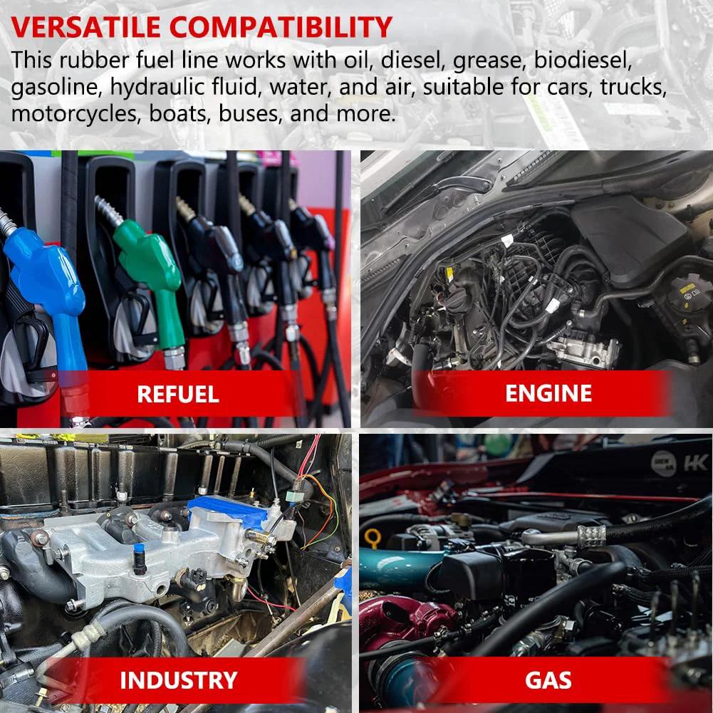 Collage showing fuel line hose applications: refueling, engine, industry, gas, for Three Quarter Inch Push On Fuel Line Hose NBR.