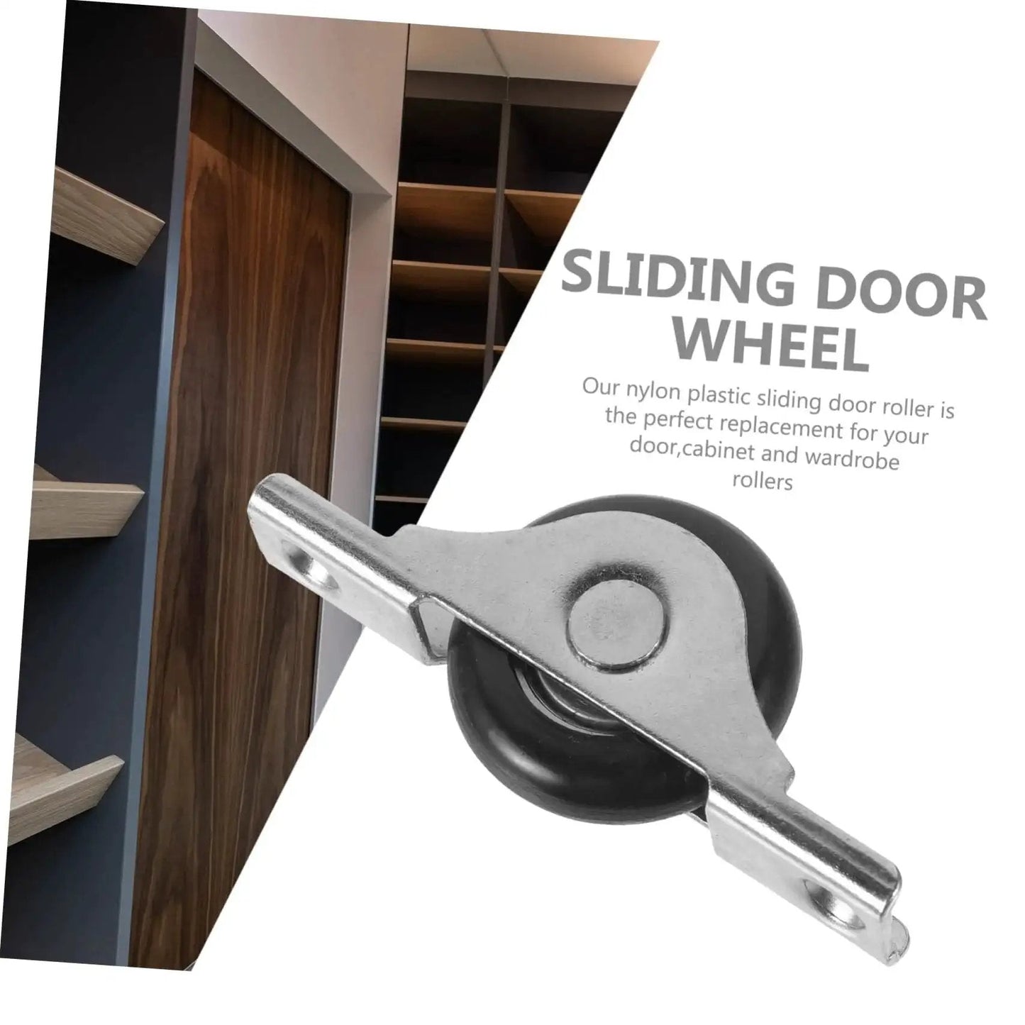 Close-up of a nylon and metal sliding door wheel, part of the 4 Pieces Sliding Door Wheel Pulley Track Roller Set For Wardrobe And Cabinet Doors Heavy Duty Steel And Nylon Hardware For Smooth Quiet Sliding High Wear Resistance Ideal Replacement For Closet Doors.