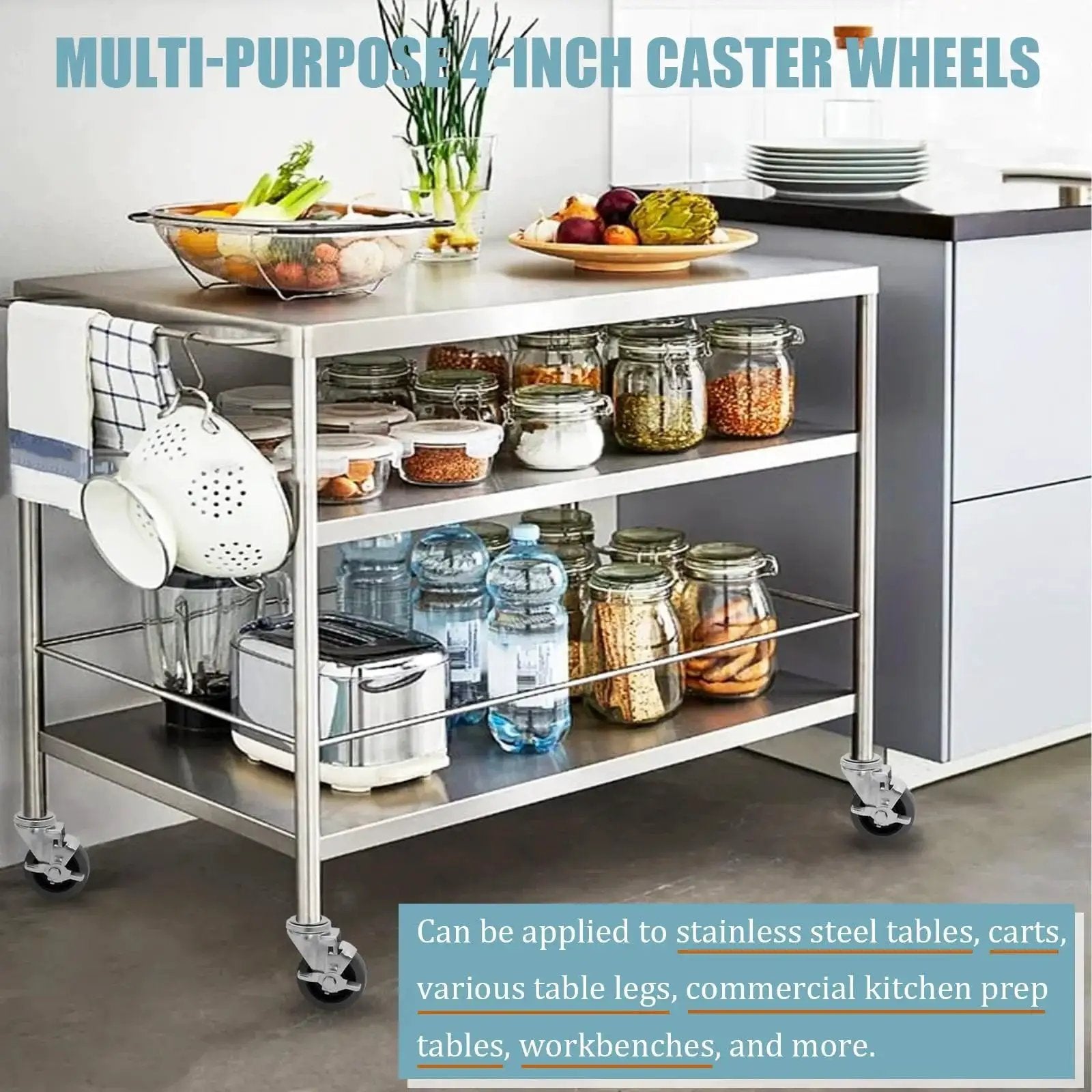 Stainless steel kitchen table with jars using Four Inch Prep Table Casters Set Of Four Heavy Duty Expanding Stem Wheel Casters with brakes.
