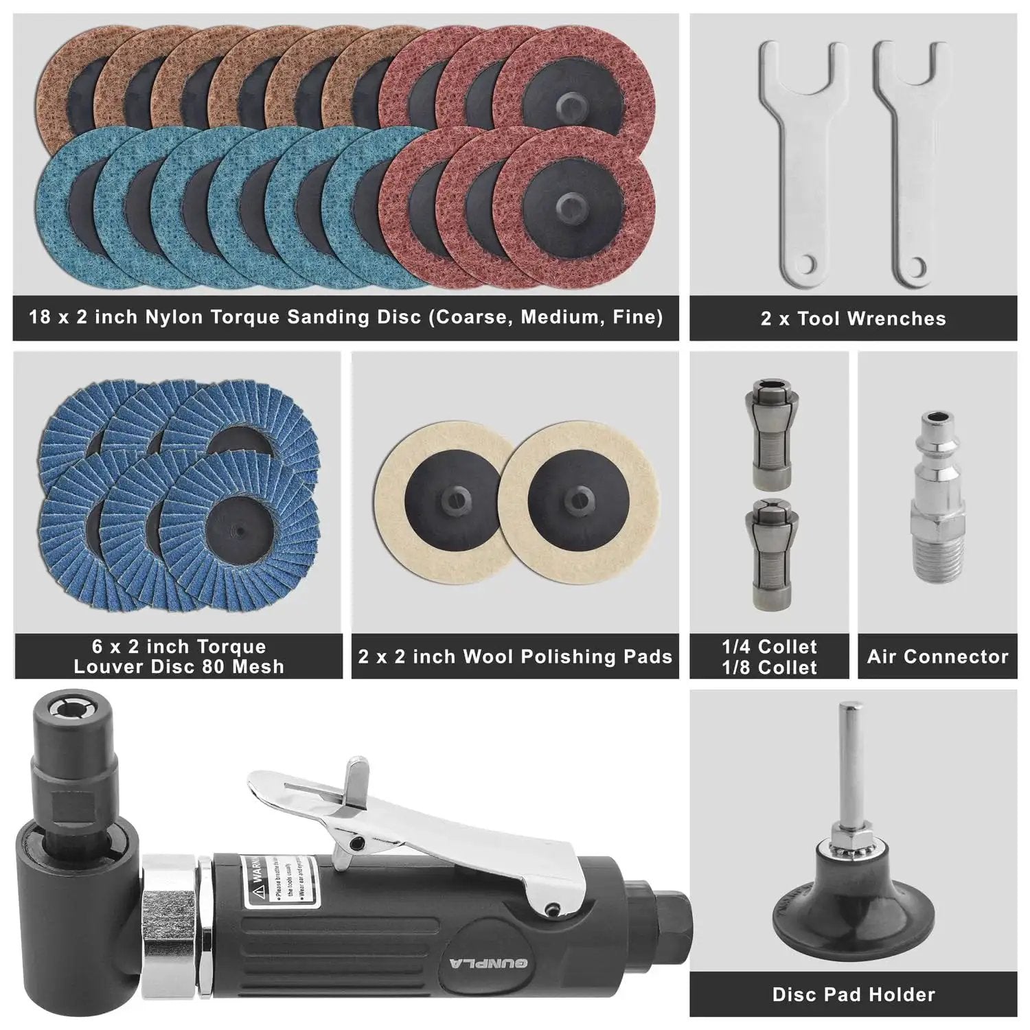One Quarter Inch Angle Air Die Grinder With 90 Degree Head And 20000 RPM Beefy Heavy Duty Tool Kit Including 26 Two Inch Roll Lock Sanding Discs For Grinding Deburring Engraving Polishing Rust Removal And Surface Prep, showing components including sanding discs, wrenches, collets, and air connector.