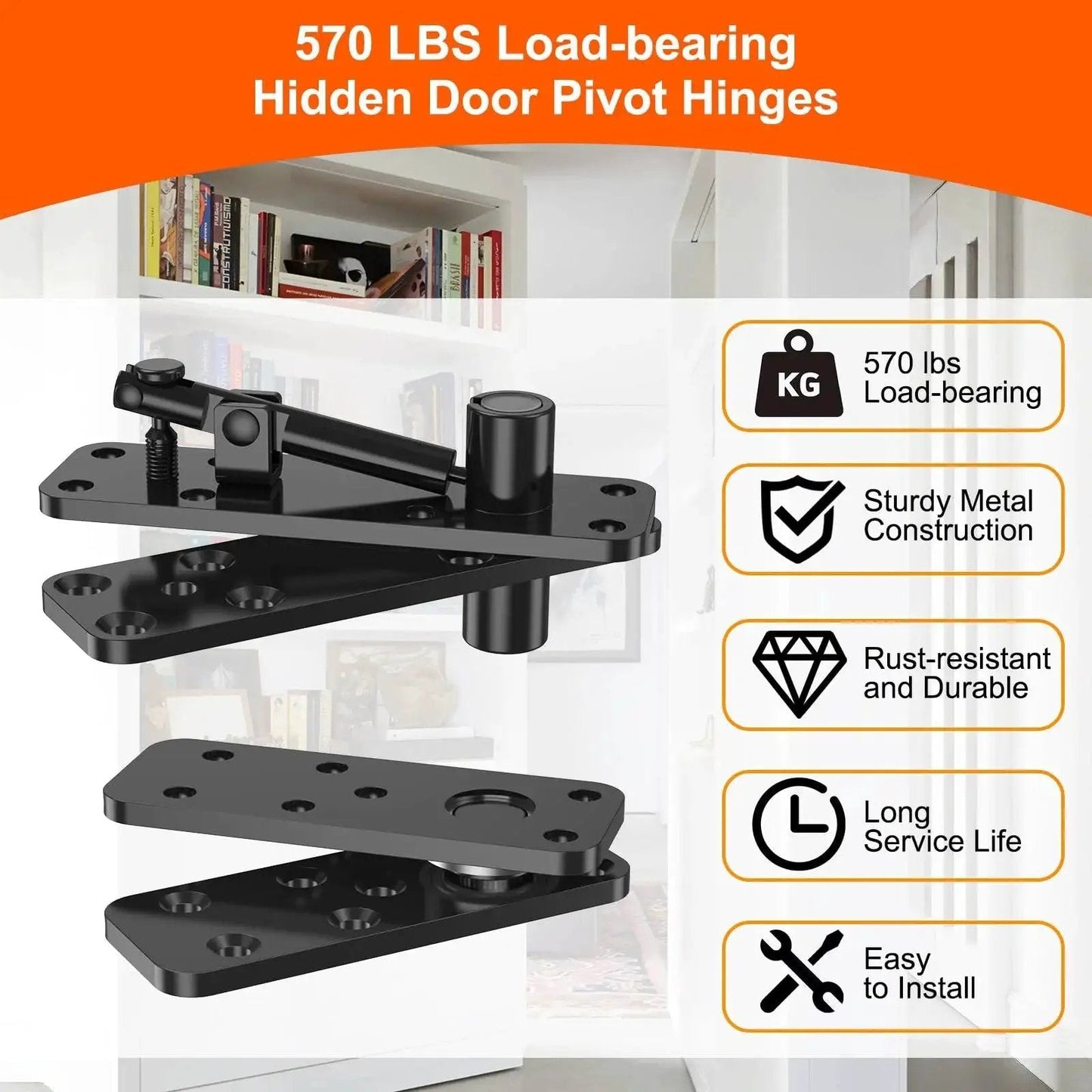Hidden Door Hinge Beefy 570 Lbs Load Bearing 360 Degree Pivot for Secret Doors; black metal hinges in front of white bookcase
