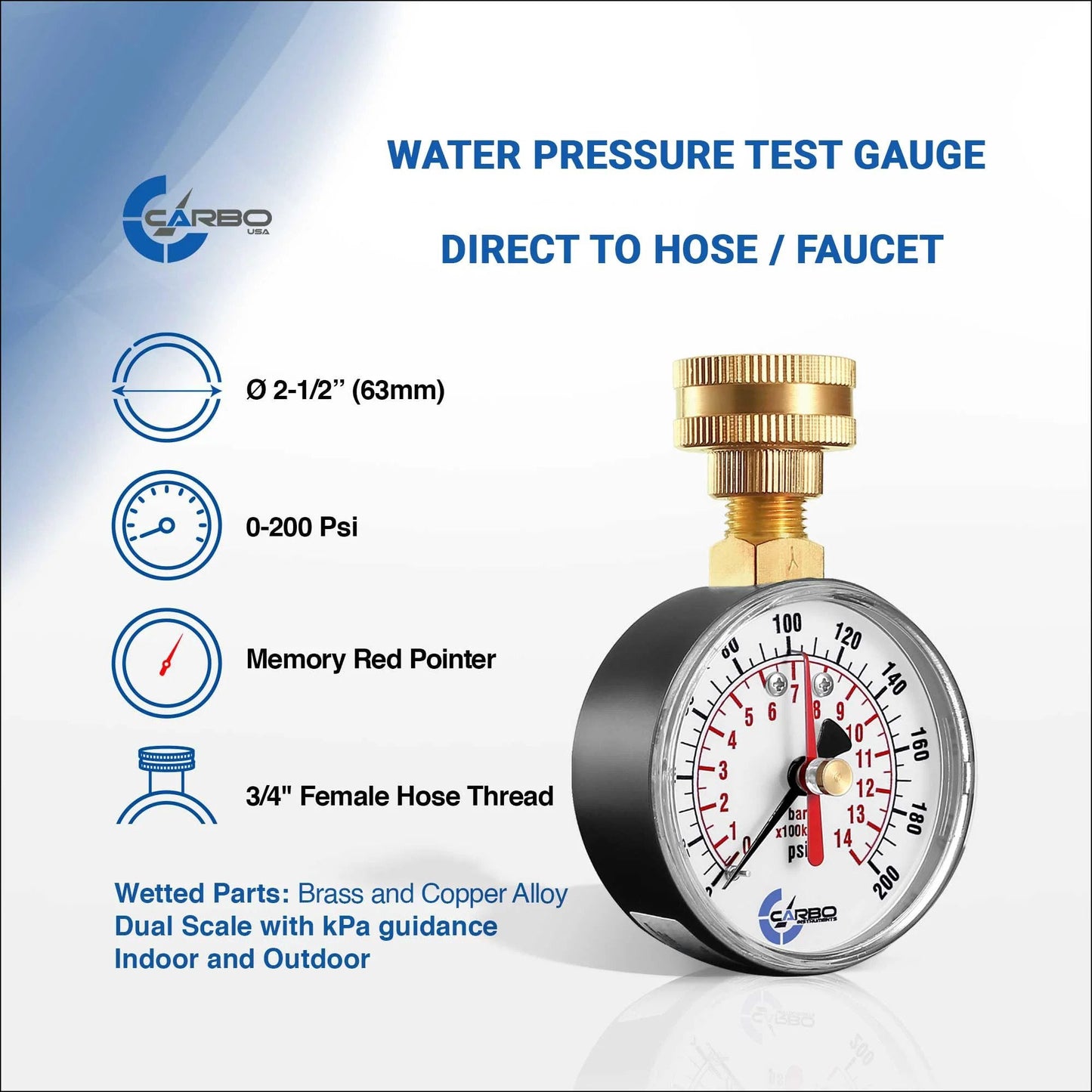 Rugged Two And A Half Inch Water Pressure Gauge With Peak Memory And Red Max Pointer Built Tough For Home Garden RV And Indoor Outdoor Use 0-200 PSI Three Quarter Inch Female Hose Thread Rust Resistant Brass Connector CARBO Instruments displayed with features and specs