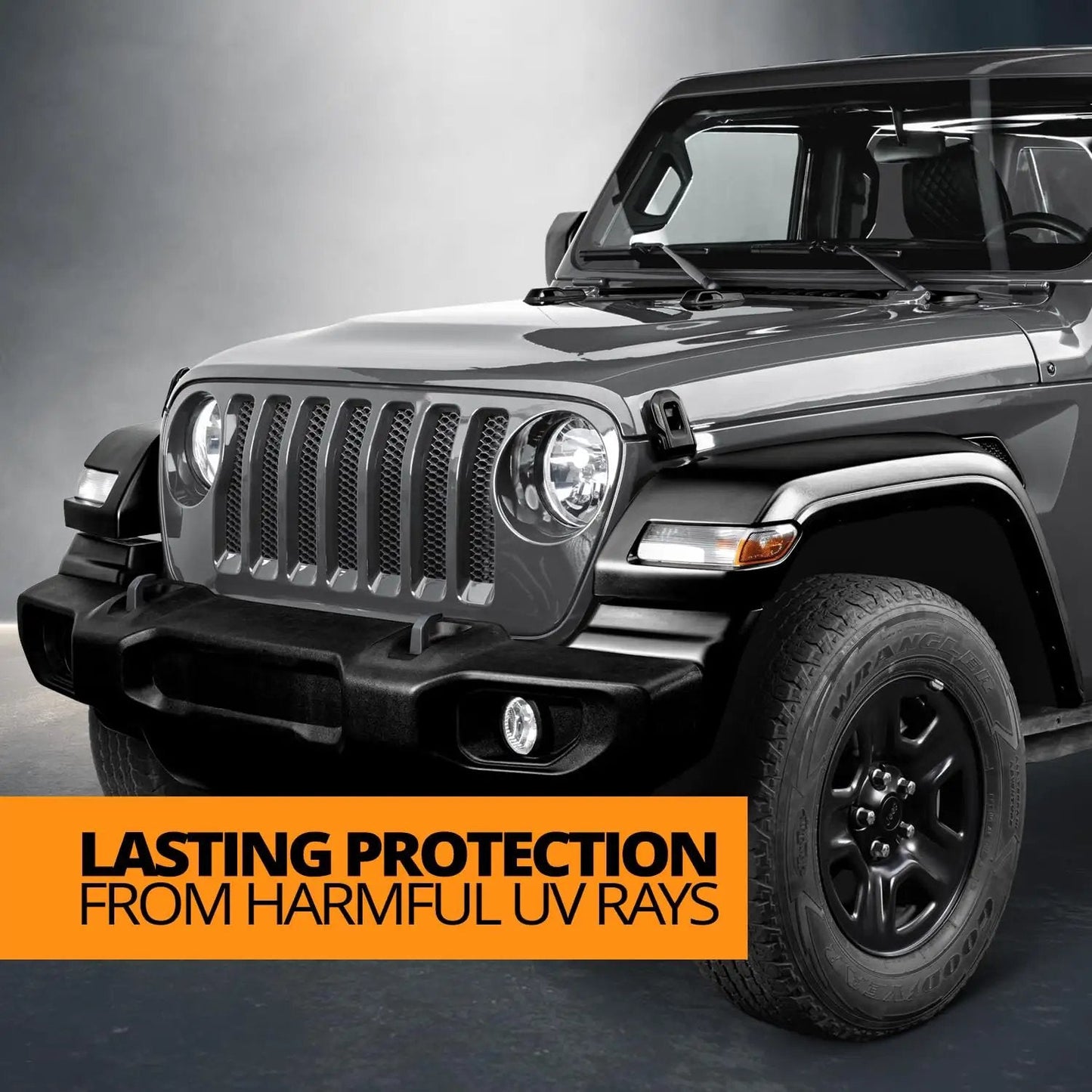Ceramic Trim Coat Kit For Plastic Restoration That Cures On Plastics, Delivers UV Protection, 200 Plus Wash Durability, A True Ceramic Coating Not A Dressing, Cerakote Brand applied to a black Jeep Wrangler's front end.