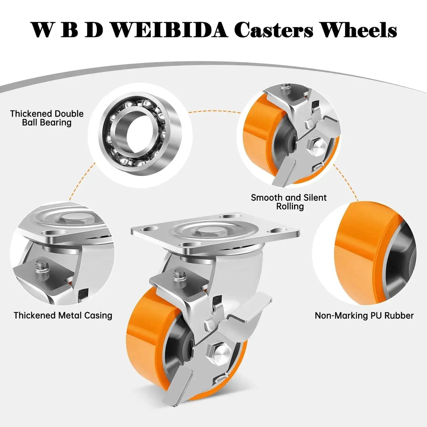 Heavy Duty 4 Inch Industrial Caster Wheels Set Of 4 With Brakes For Machines And Workbenches, 3200 Lb Total Capacity, Maintenance Free Polyurethane On Aluminum Wheels, Plate Swivel Casters For Heavy Loads By WEIBIDA with double ball bearing and non-marking PU rubber.